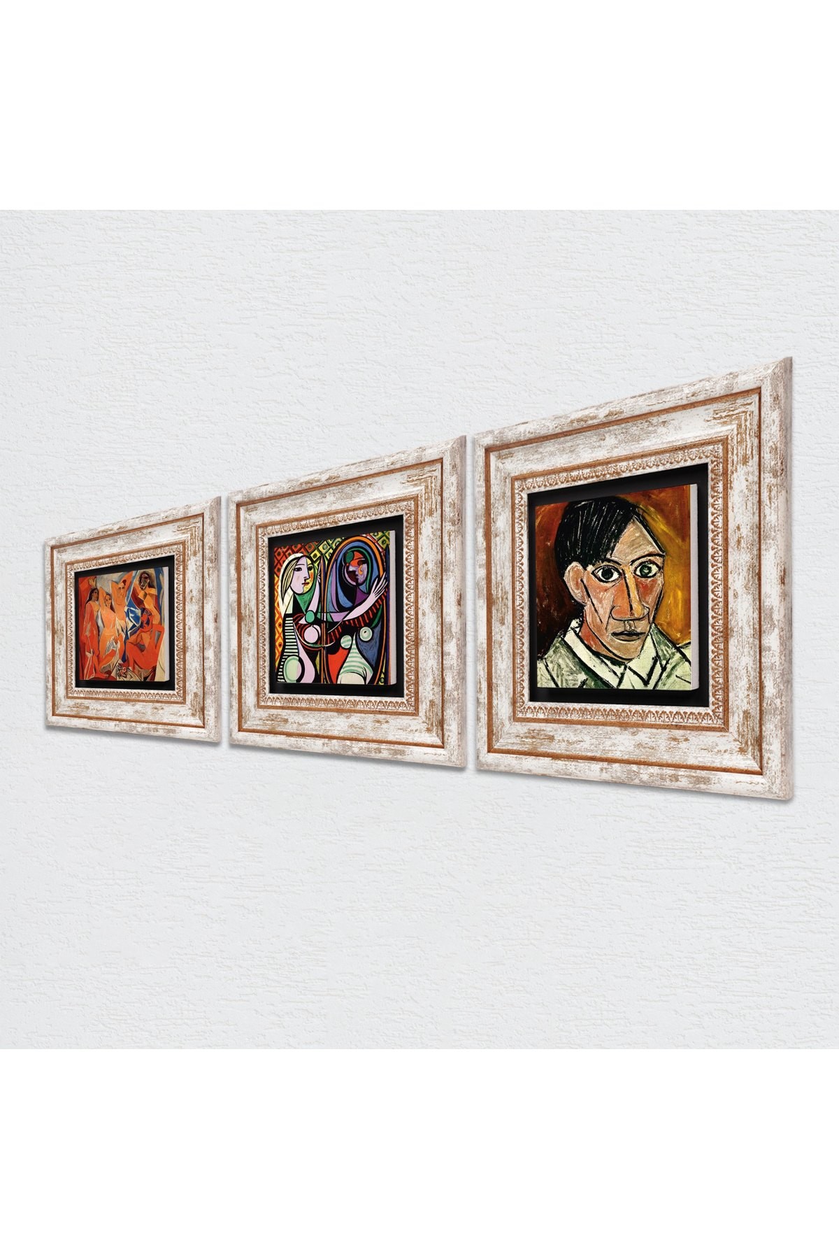 Picasso The Avignon Girls, The Girl in Front of the Mirror, Self-Portrait Stone Wall Painting Framed Wall Decor 3 Piece Painting Set Wall Art