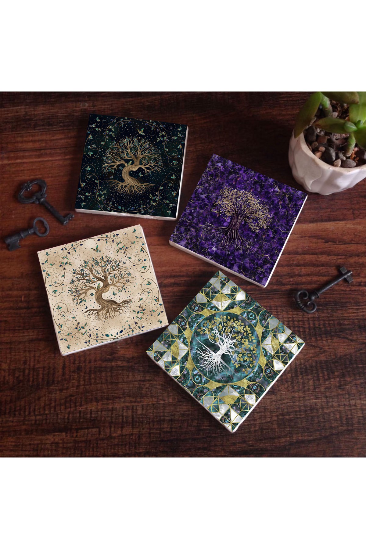 Tree of Life Stone Coasters Desktop Protective Coasters 4 Piece Set 10x10cm Stone Coasters