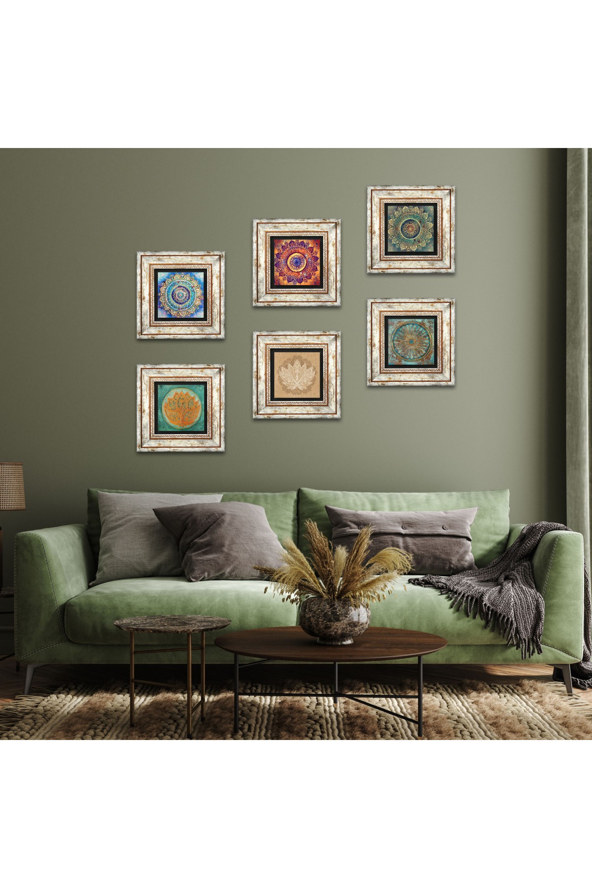 Mandala, Yaşam Çiçeği, Lotus Çiçeği Taş Duvar Tablosu Çerçeveli Duvar Dekoru 6 Parça Tablo Seti Wall Art