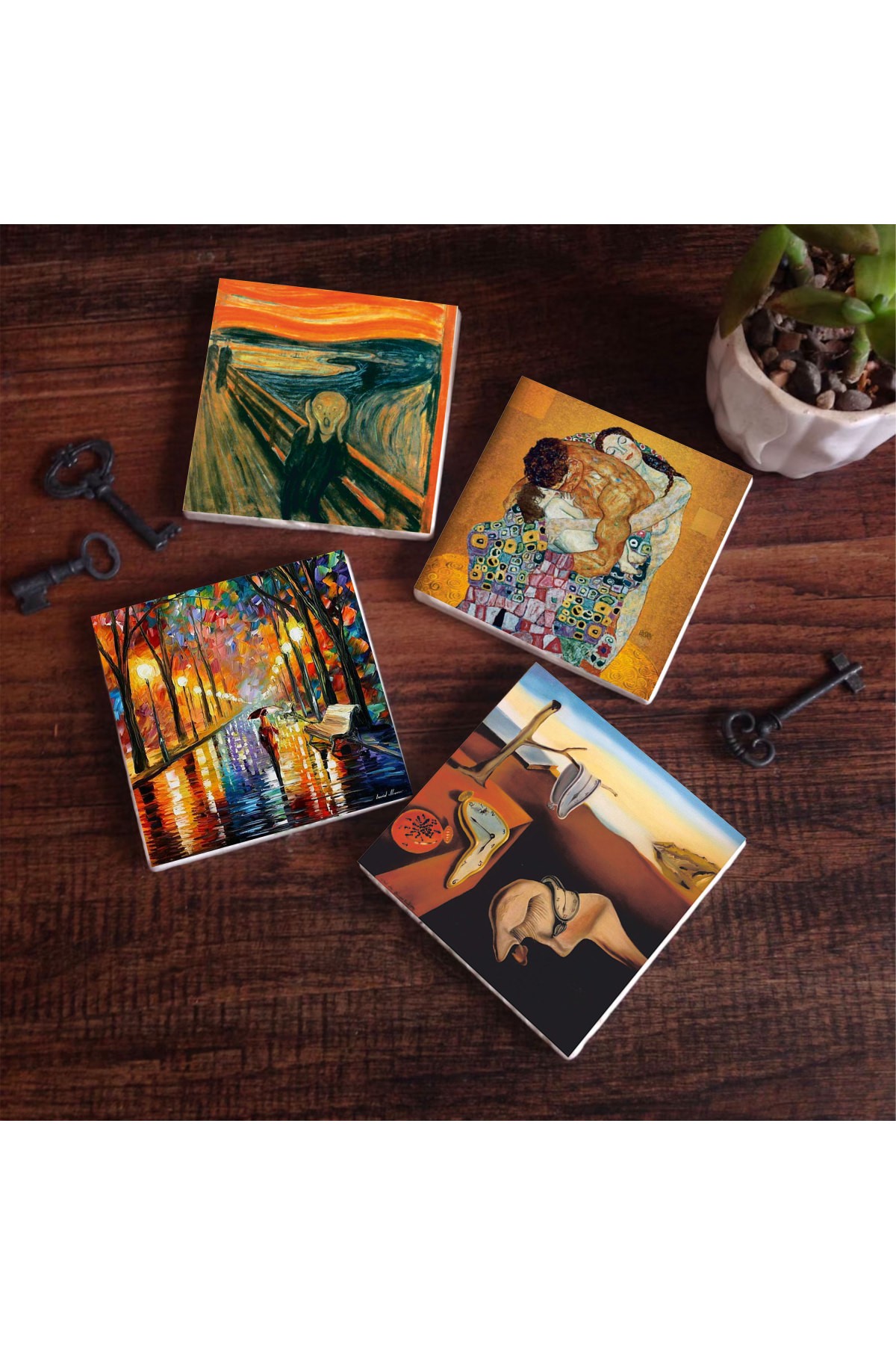 Salvador Dalí The Persistence of Memory, The Scream, Lanterns, Gustav Klimt Family Hug Stone Coasters Desktop Protective Coaster 4 Piece Set 10x10cm Stone Coasters