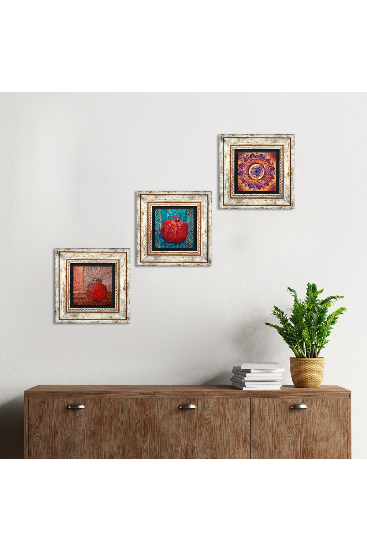 Mandala, Pomegranate Stone Wall Painting Framed Wall Decor 3 Piece Painting Set Wall Art