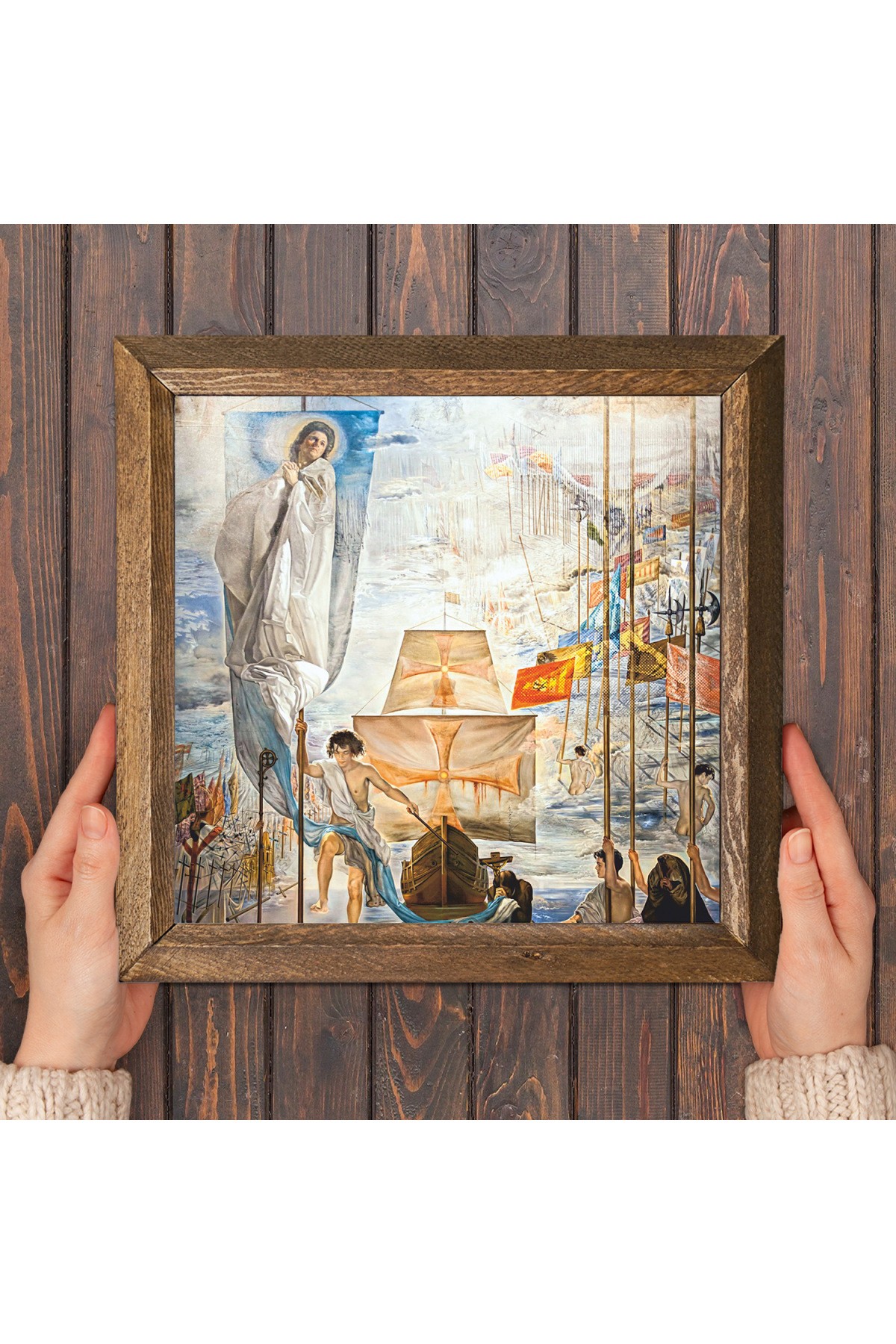 Salvador Dalí Discovery of America by Christopher Columbus Stone Wall Painting Wood Framed Wall Decoration Wall Art 25x25cm