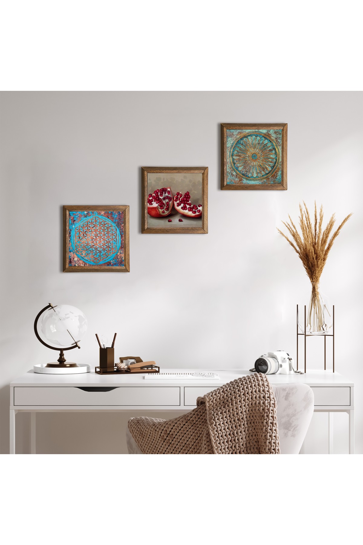 Flower of Life, Pomegranate Stone Wall Painting Wooden Framed Wall Decor 3 Piece Painting Set Wall Art