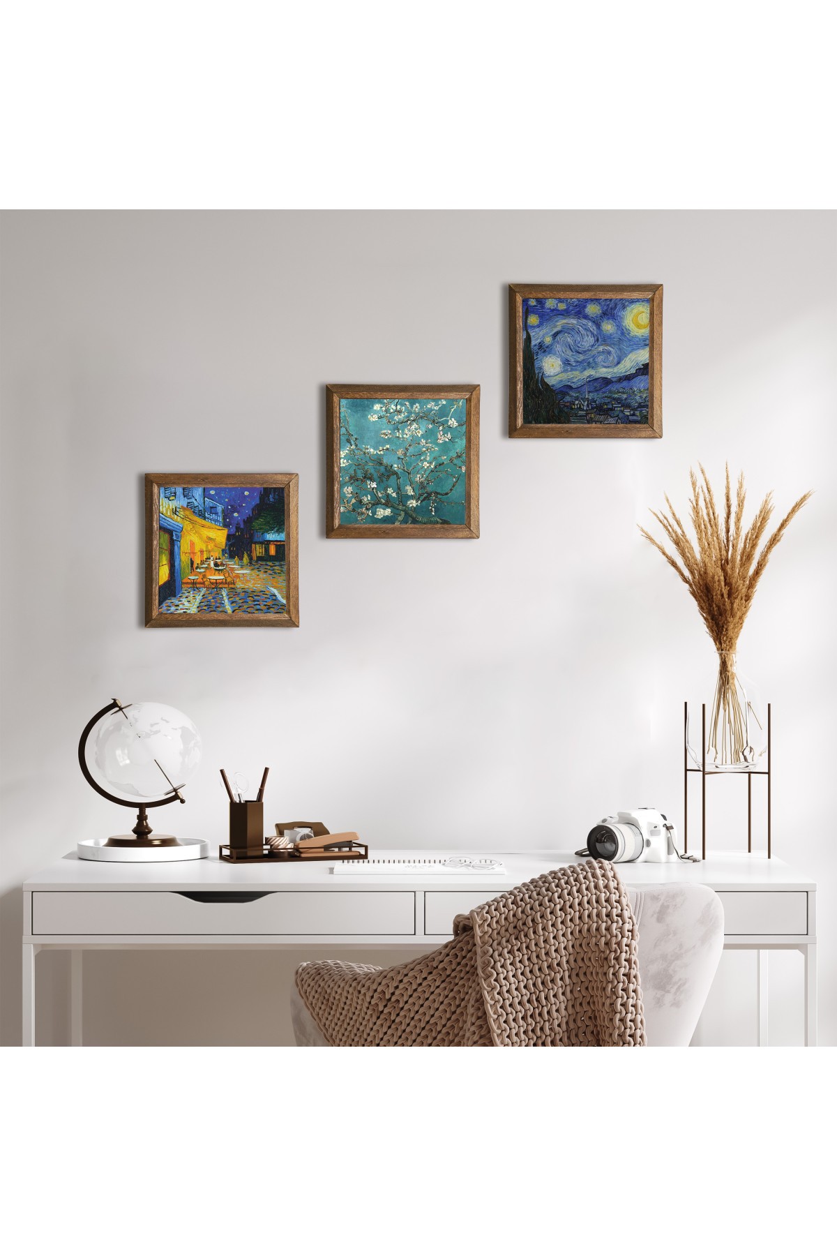 Van Gogh Kafe Terasta Gece, Yıldızlı Gece, Badem Ağacı Taş Duvar Tablosu Ahşap Çerçeveli Duvar Dekoru 3 Parça Tablo Seti Wall Art