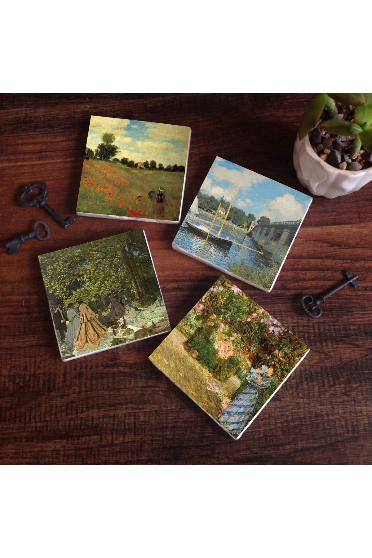 Claude Monet In the Garden, Lunch in the Countryside, The Bridge in Argenteuil, Poppies Stone Coasters Desktop Protective Coaster 4 Piece Set 10x10cm Stone Coasters