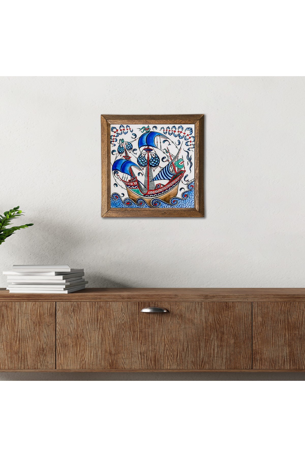 Çini Sanatı Yelkenli Gemi Taş Duvar Tablosu Ahşap Çerçeveli Duvar Dekoru Wall Art 25x25cm