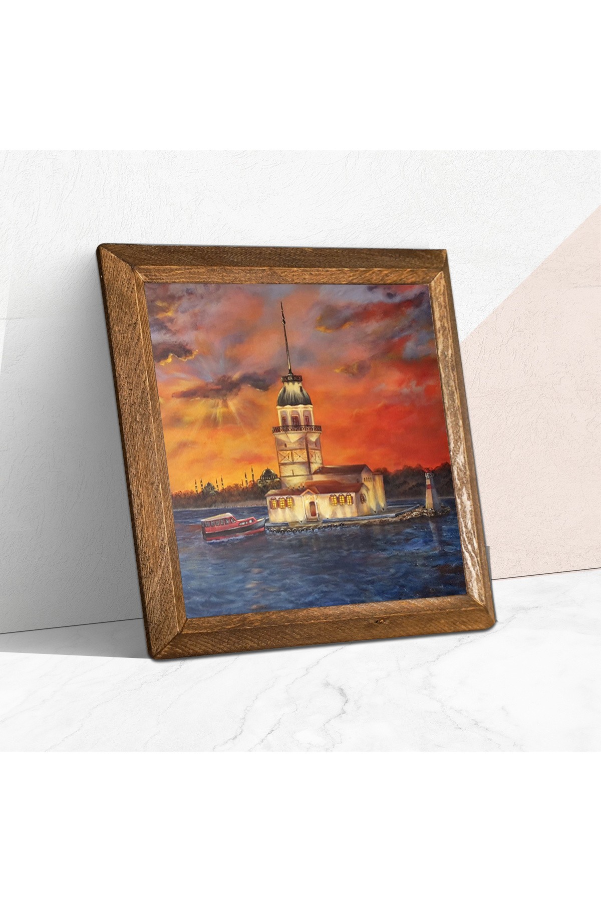 Istanbul Maiden's Tower Stone Wall Painting Wooden Framed Wall Decoration Wall Art 25x25cm