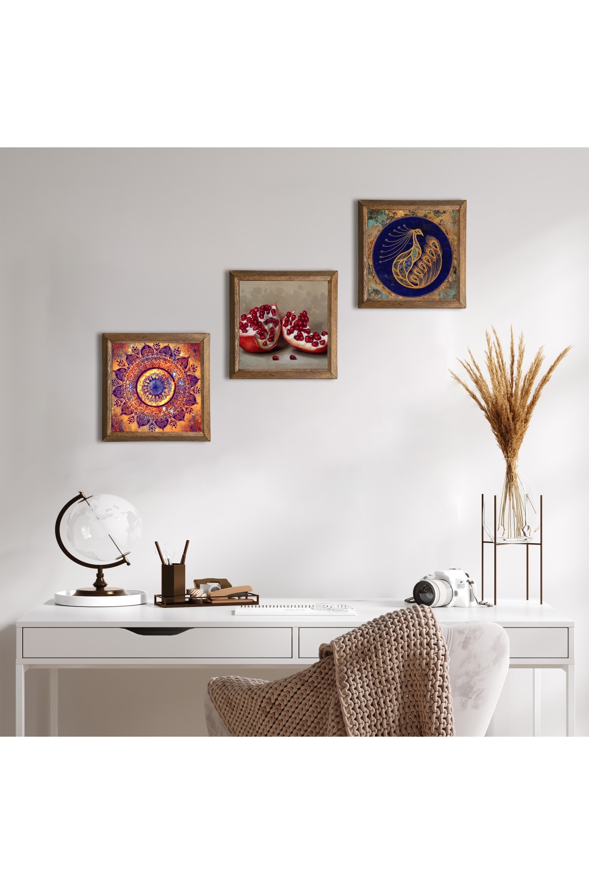 Mandala, Tavus Kuşu, Nar Taş Duvar Tablosu Ahşap Çerçeveli Duvar Dekoru 3 Parça Tablo Seti Wall Art