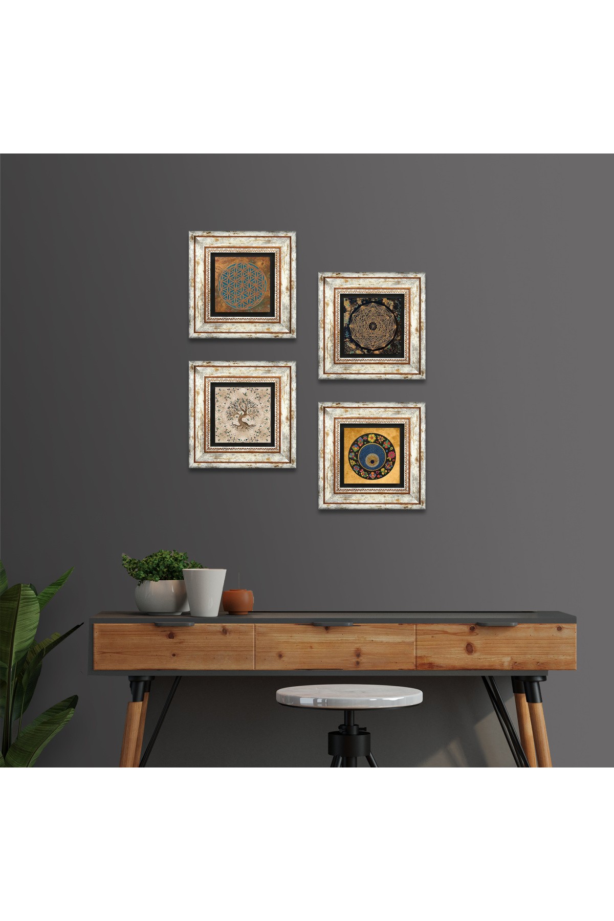 Yaşam Çiçeği, Sri Yantra, Nazar, Hayat Ağacı Taş Duvar Tablosu Çerçeveli Duvar Dekoru 4 Parça Tablo Seti Wall Art