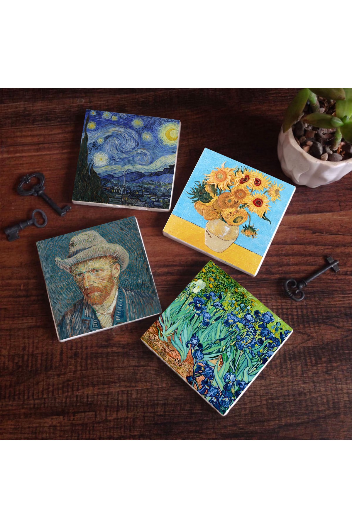 Van Gogh On İki Ayçiçekli Vazo, İrisler, Yıldızlı Gece, Otoportre Taş Bardak Altlığı Masaüstü Koruyucu Altlık 4 Parça Set 10x10cm Stone Coasters