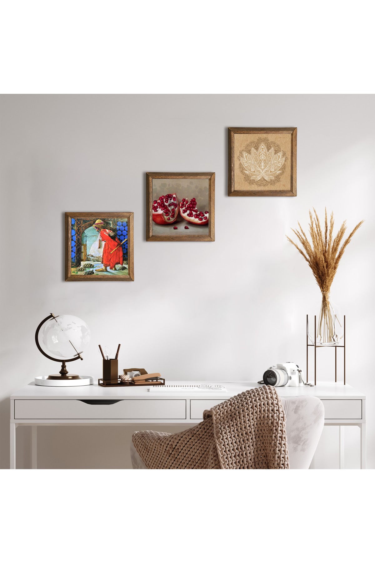 Lotus Çiçeği, Kaplumbağa Terbiyecisi, Nar Taş Duvar Tablosu Ahşap Çerçeveli Duvar Dekoru 3 Parça Tablo Seti Wall Art