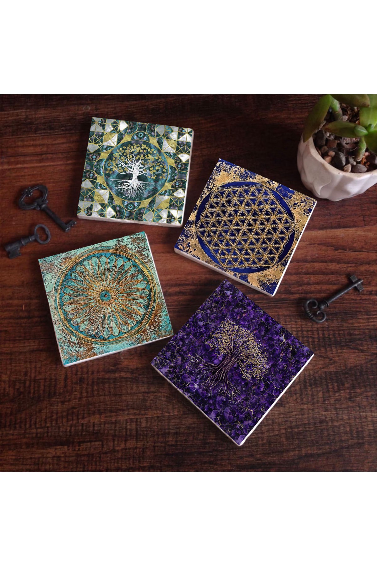 Tree of Life, Flower of Life Stone Coasters Desktop Protective Coasters 4 Piece Set 10x10cm Stone Coasters