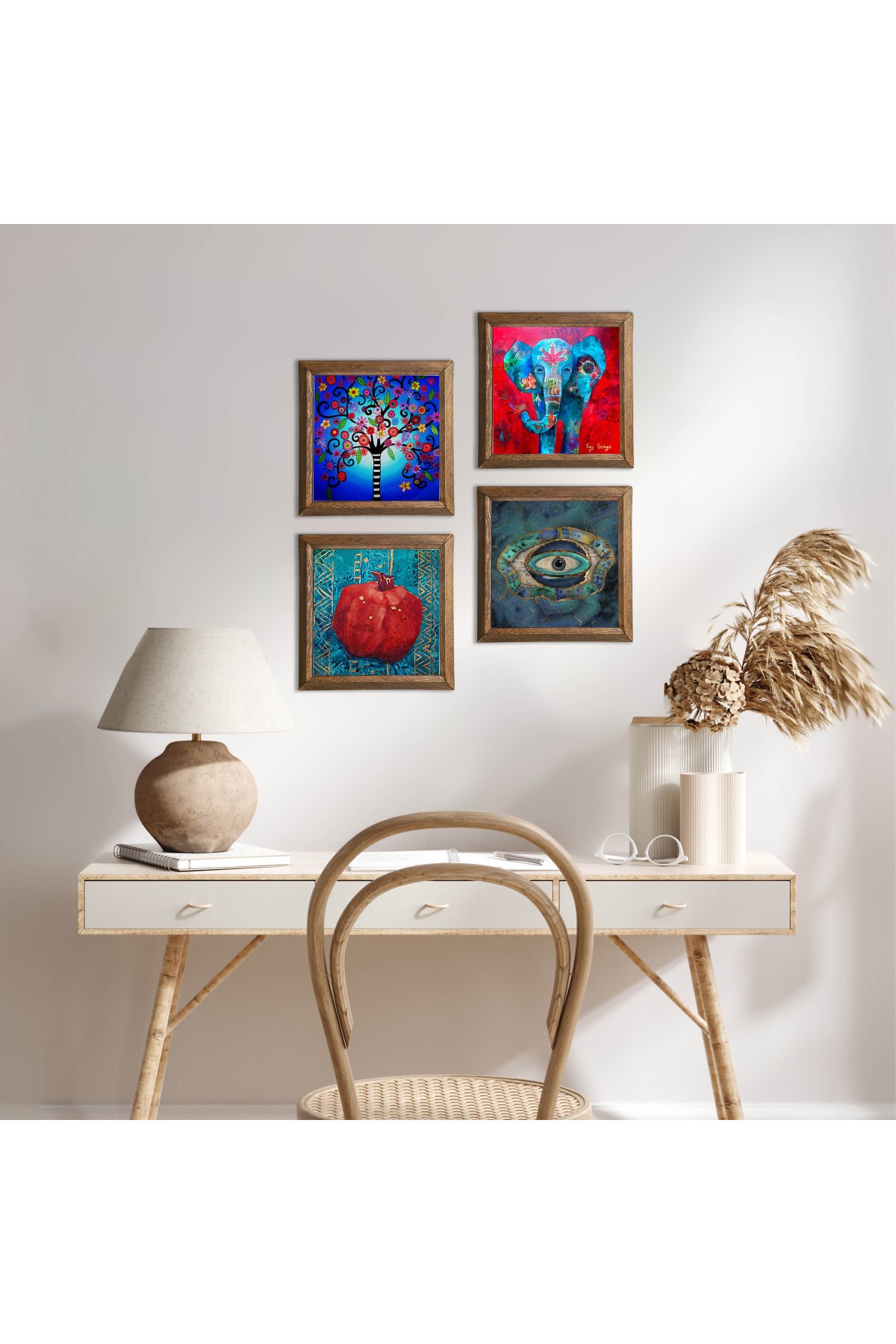 Elephant, Evil Eye, Tree of Life, Pomegranate Stone Wall Painting Wooden Framed Wall Decor 4 Piece Painting Set Wall Art