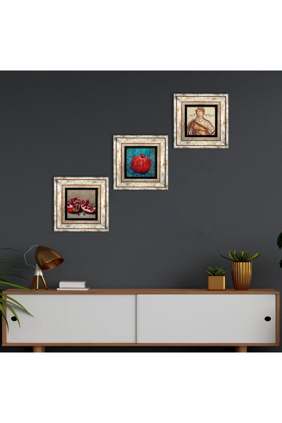 Soteria Mozaiği, Nar Taş Duvar Tablosu Çerçeveli Duvar Dekoru 3 Parça Tablo Seti Wall Art