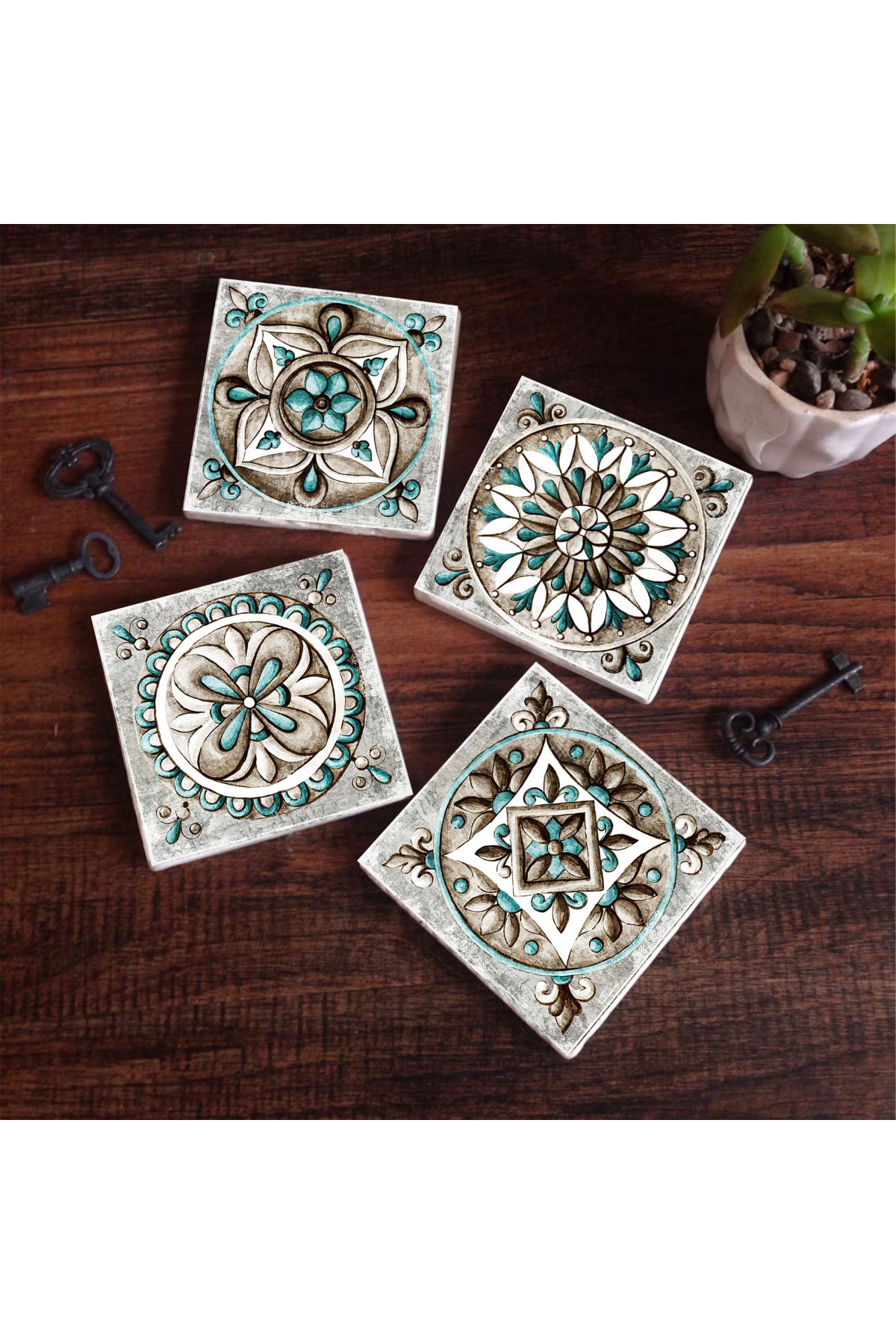 Çini Sanatı Taş Bardak Altlığı Masaüstü Koruyucu Altlık 4 Parça Set 10x10cm Stone Coasters