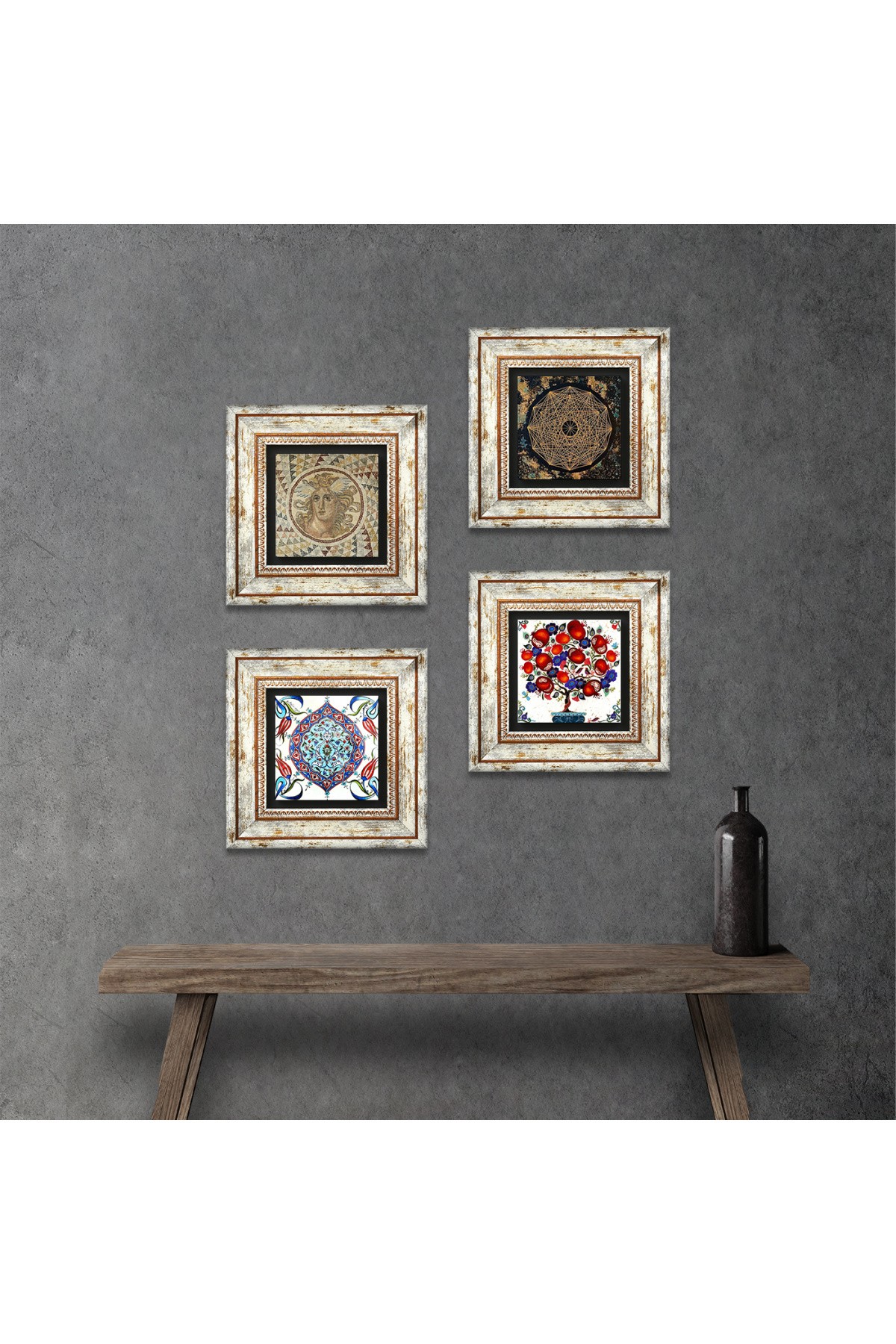 Sri Yantra, Mosaic, Tile Art, Pomegranate Tree Stone Wall Painting Framed Wall Decor 4 Piece Painting Set Wall Art