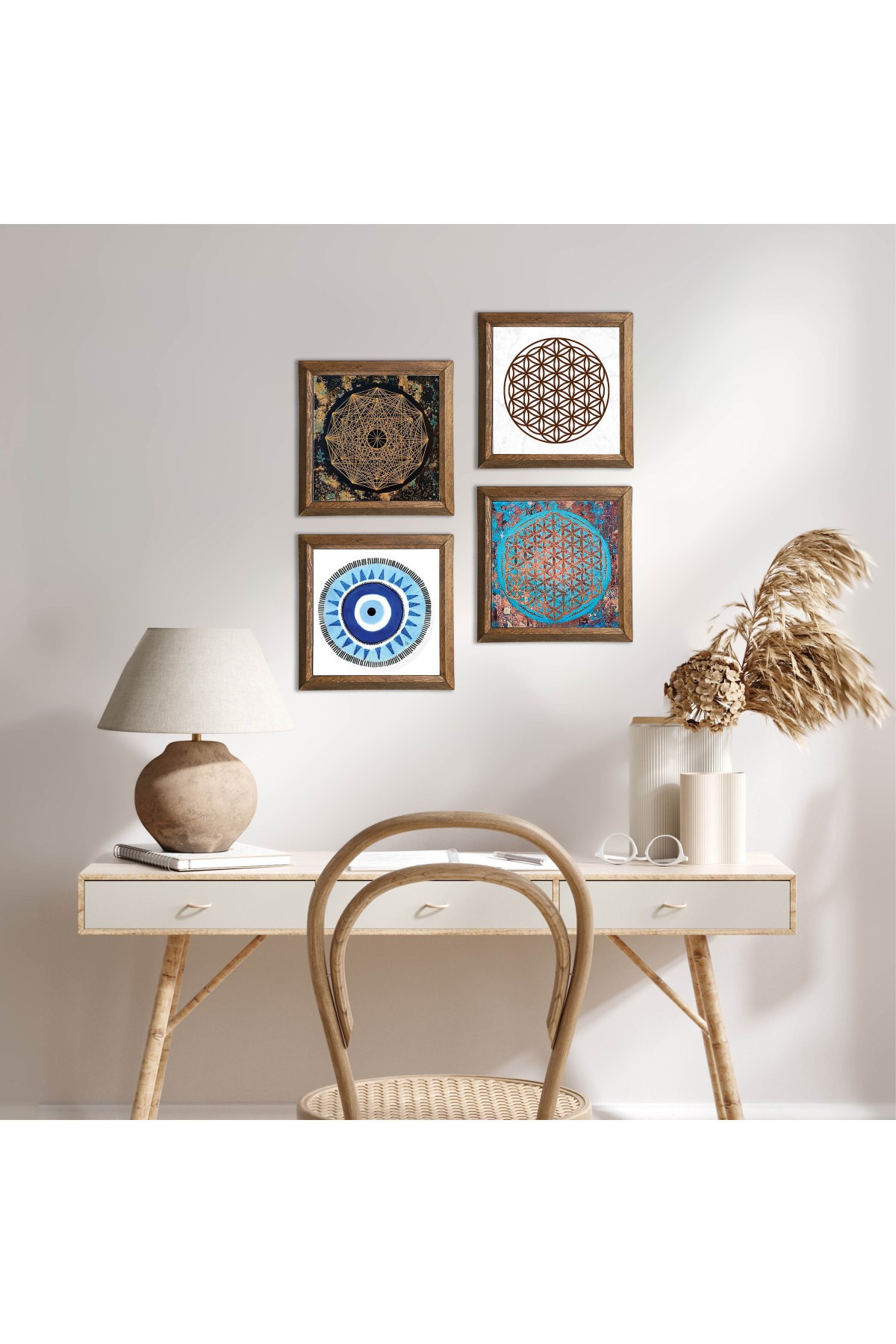 Nazar, Sri Yantra, Yaşam Çiçeği Taş Duvar Tablosu Ahşap Çerçeveli Duvar Dekoru 4 Parça Tablo Seti Wall Art