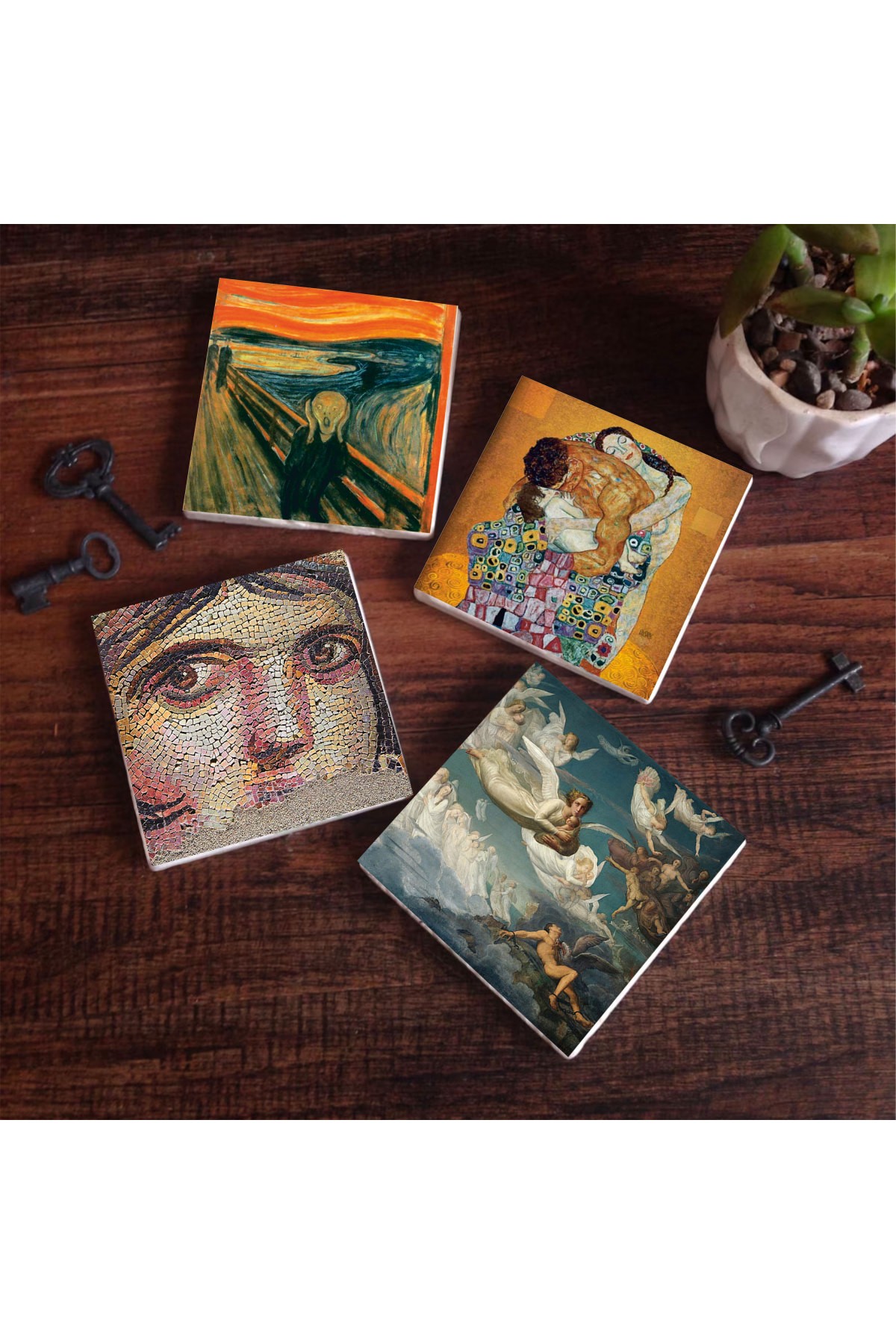 The Scream, Gypsy Girl Mosaic, Gustav Klimt Family Hug, Crossing of Spirits Stone Coasters Desktop Protective Coasters 4 Piece Set 10x10cm Stone Coasters