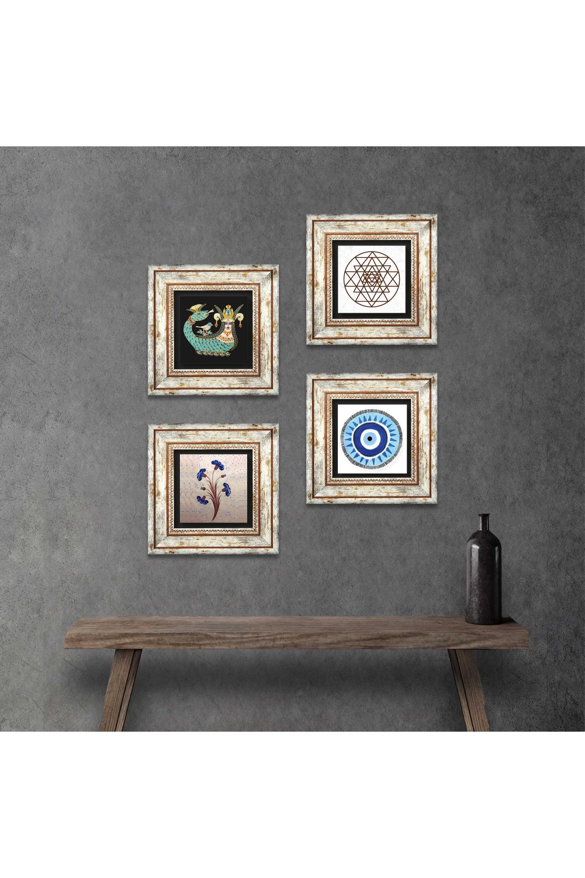 Evil Eye, Marbling Art, Sri Yantra, Shahmaran Stone Wall Painting Framed Wall Decoration 4 Piece Painting Set Wall Art