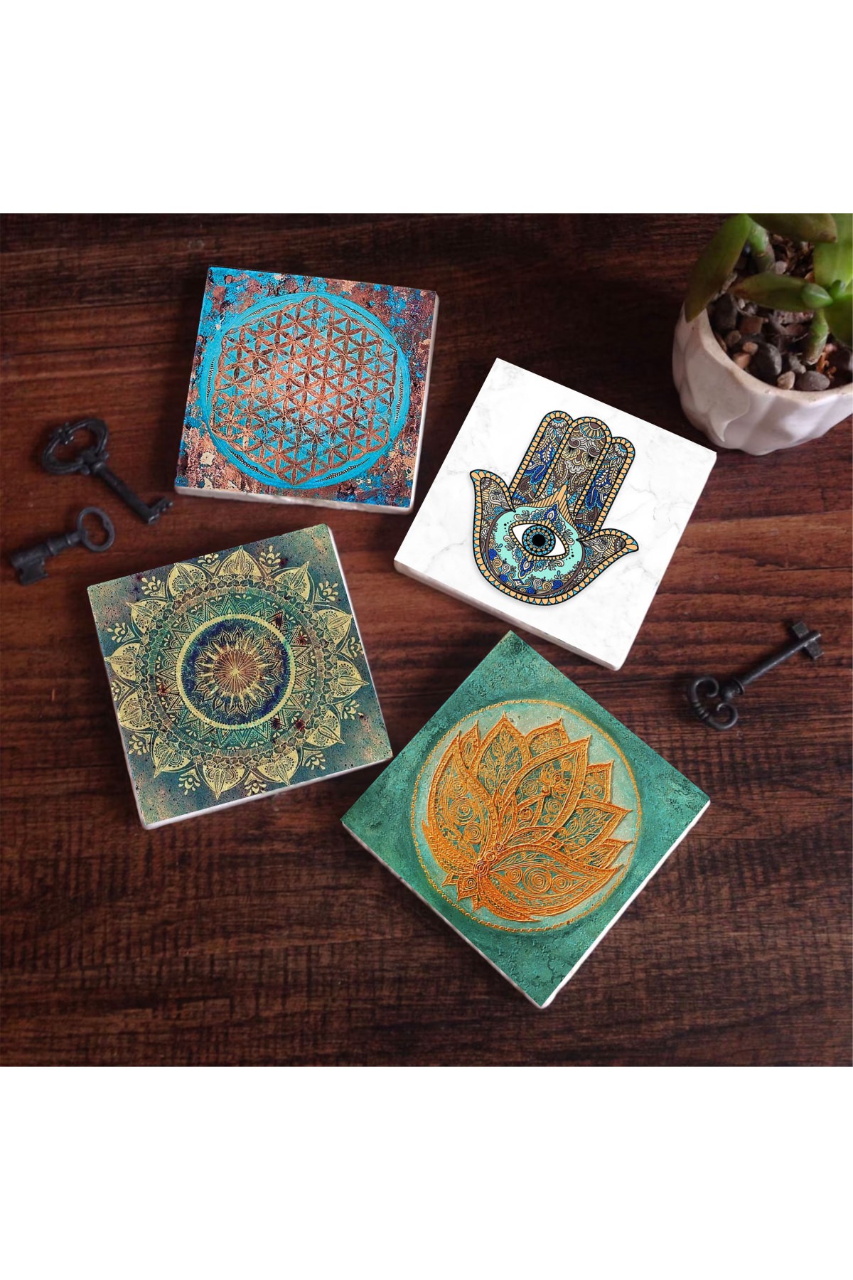 Mandala, Flower of Life, Lotus Flower, Hand of Mother Fatma (Hamsa) Stone Coasters Desktop Protective Coasters 4 Piece Set 10x10cm Stone Coasters