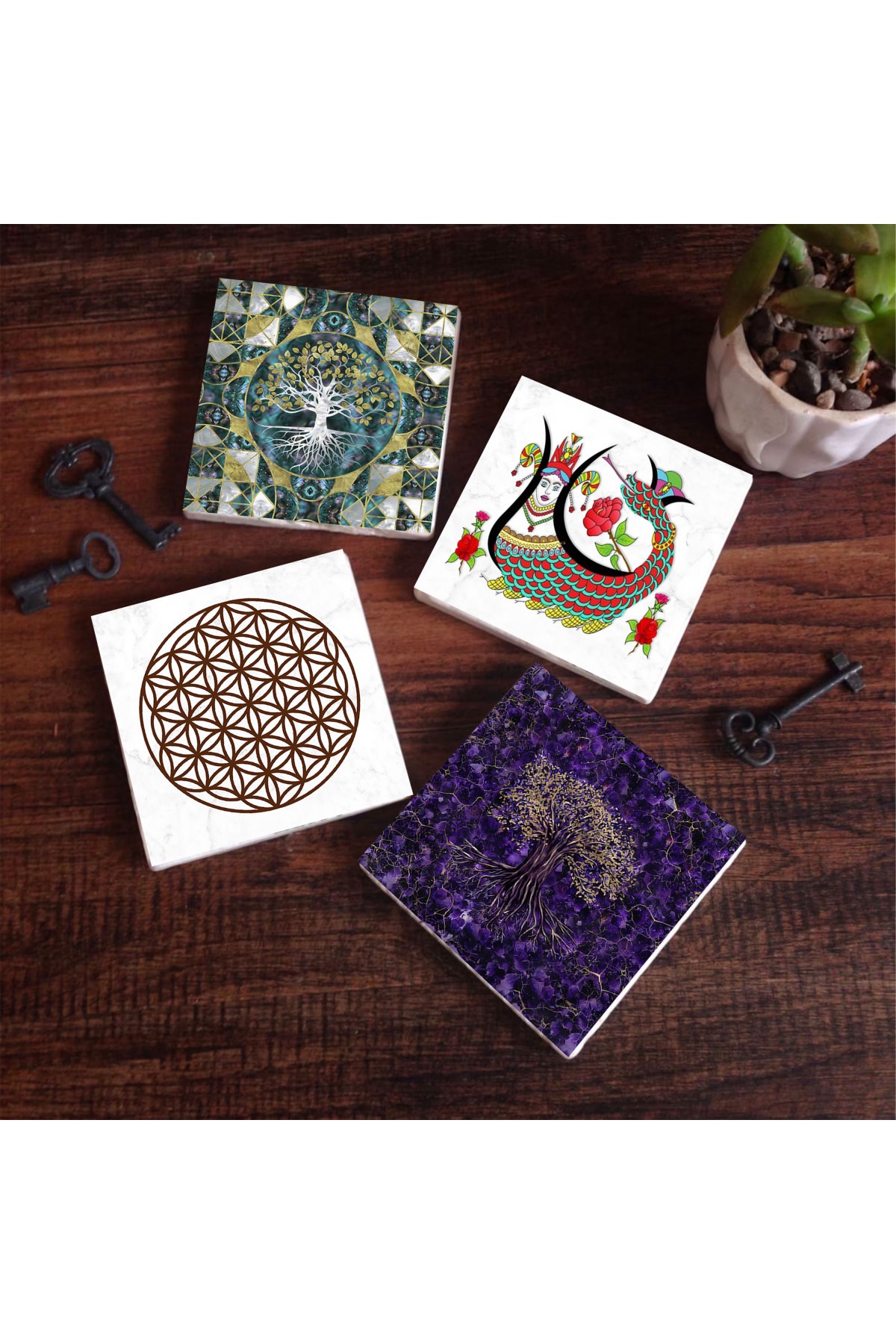 Tree of Life, Flower of Life, Shahmaran Stone Coasters Desktop Protective Coasters 4 Piece Set 10x10cm Stone Coasters