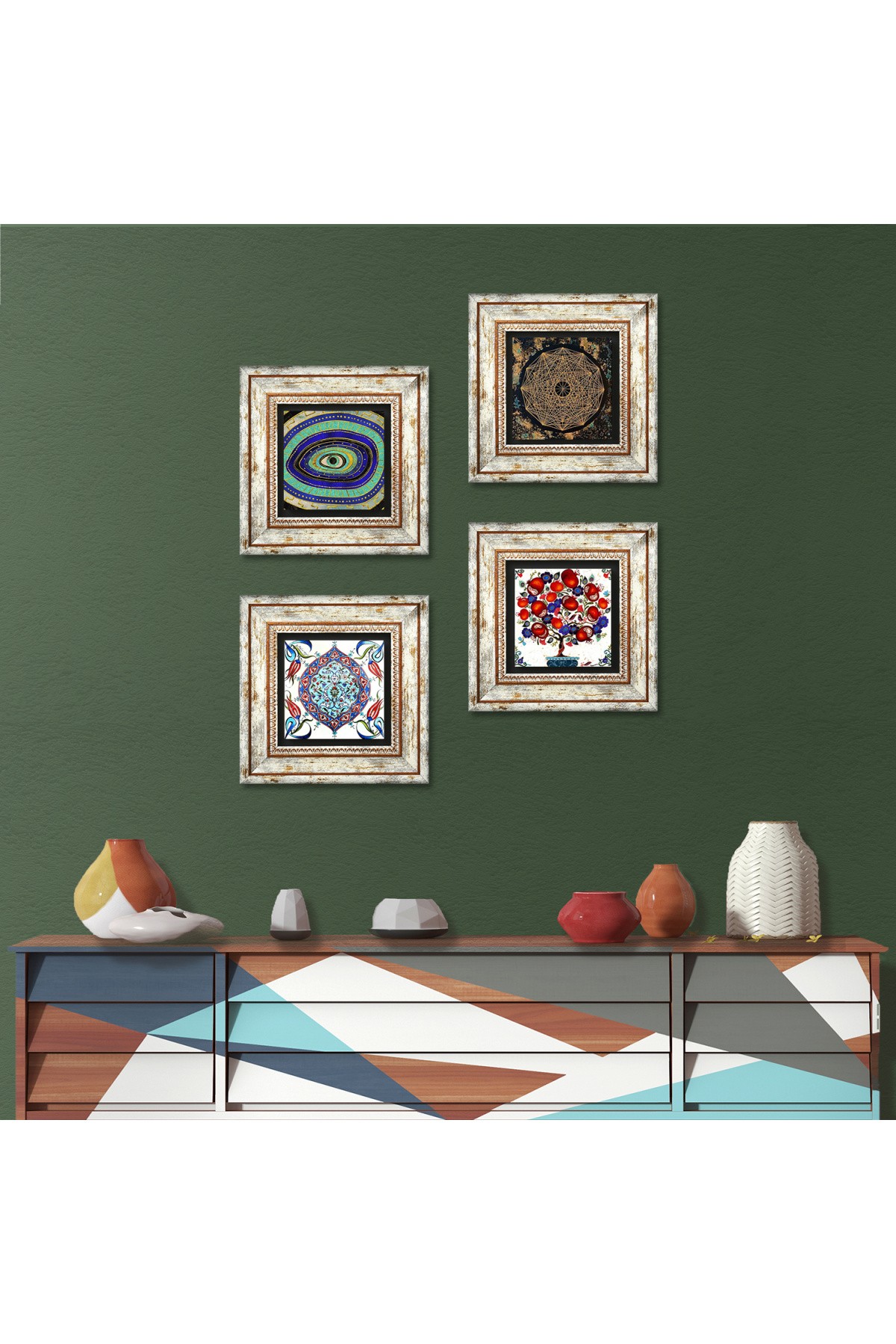 Nazar, Sri Yantra, Çini Sanatı, Nar Ağacı Taş Duvar Tablosu Çerçeveli Duvar Dekoru 4 Parça Tablo Seti Wall Art