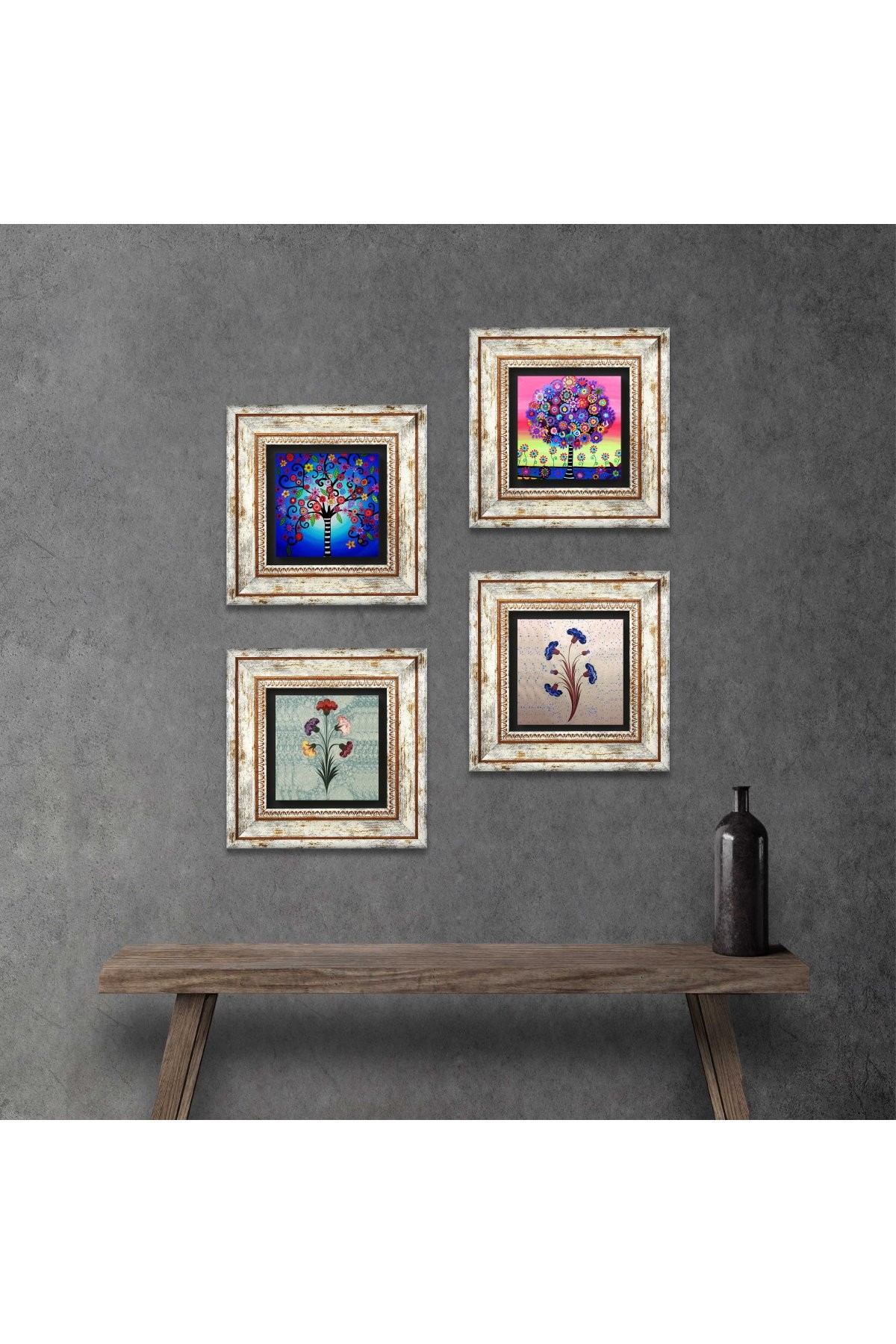 Marbling Art, Tree of Life Stone Wall Painting Framed Wall Decor 4 Piece Painting Set Wall Art