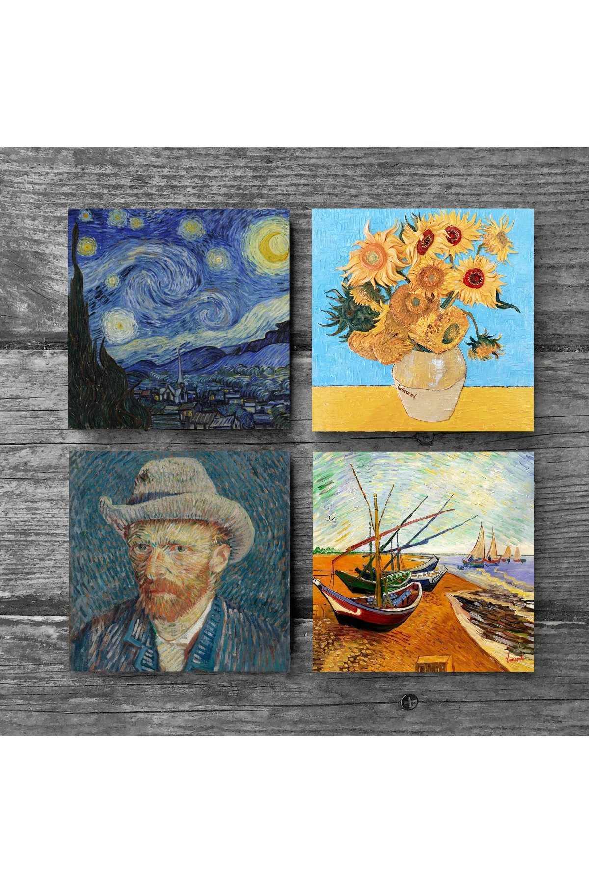 Van Gogh Balıkçı Tekneleri, On İki Ayçiçekli Vazo, Yıldızlı Gece, Otoportre Taş Bardak Altlığı Masaüstü Koruyucu Altlık 4 Parça Set 10x10cm Stone Coasters