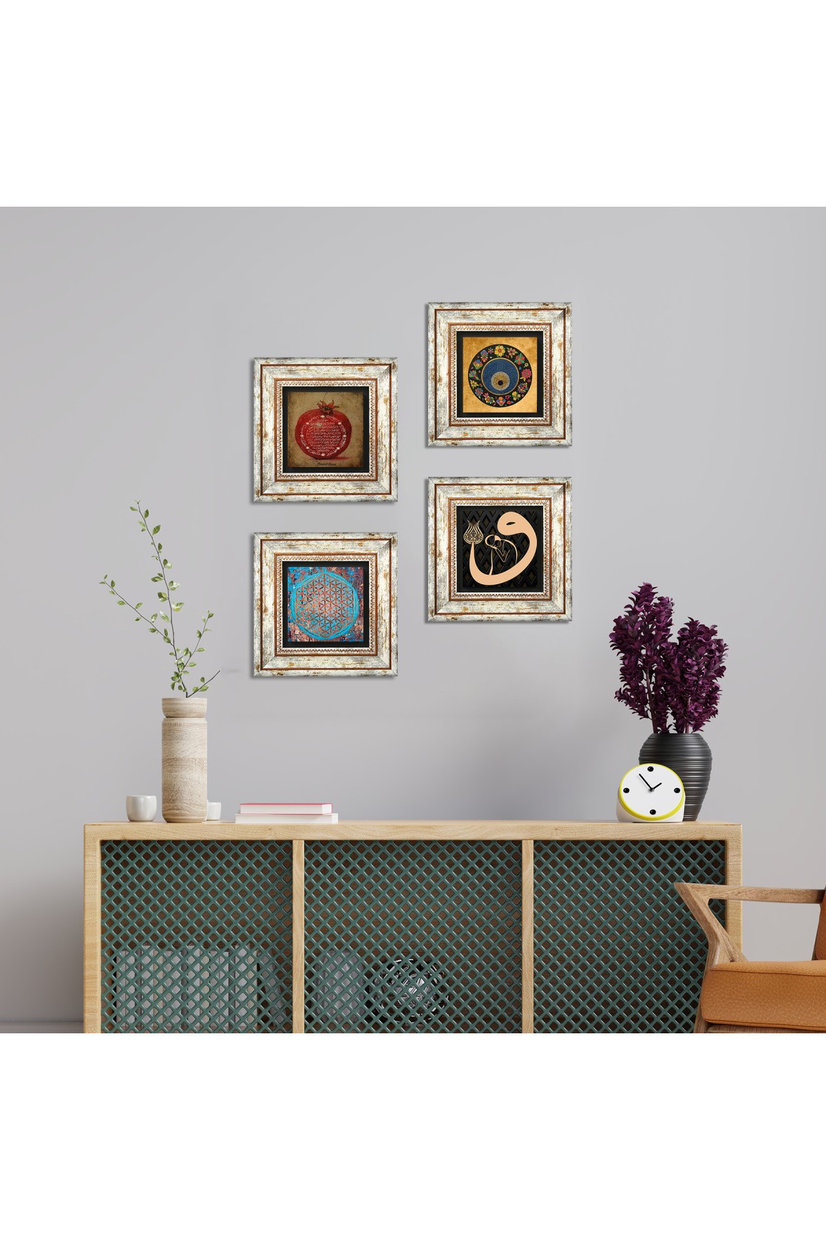 Yaşam Çiçeği, Vav, Nazar, Bereket Duası Taş Duvar Tablosu Çerçeveli Duvar Dekoru 4 Parça Tablo Seti Wall Art