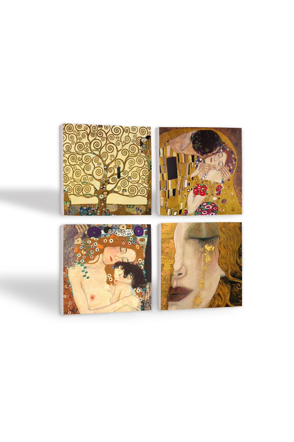 Gustav Klimt Altın Gözyaşları, Anne Çocuk, Öpücük, Hayat Ağacı Taş Bardak Altlığı Masaüstü Koruyucu Altlık 4 Parça Set 10x10cm Stone Coasters