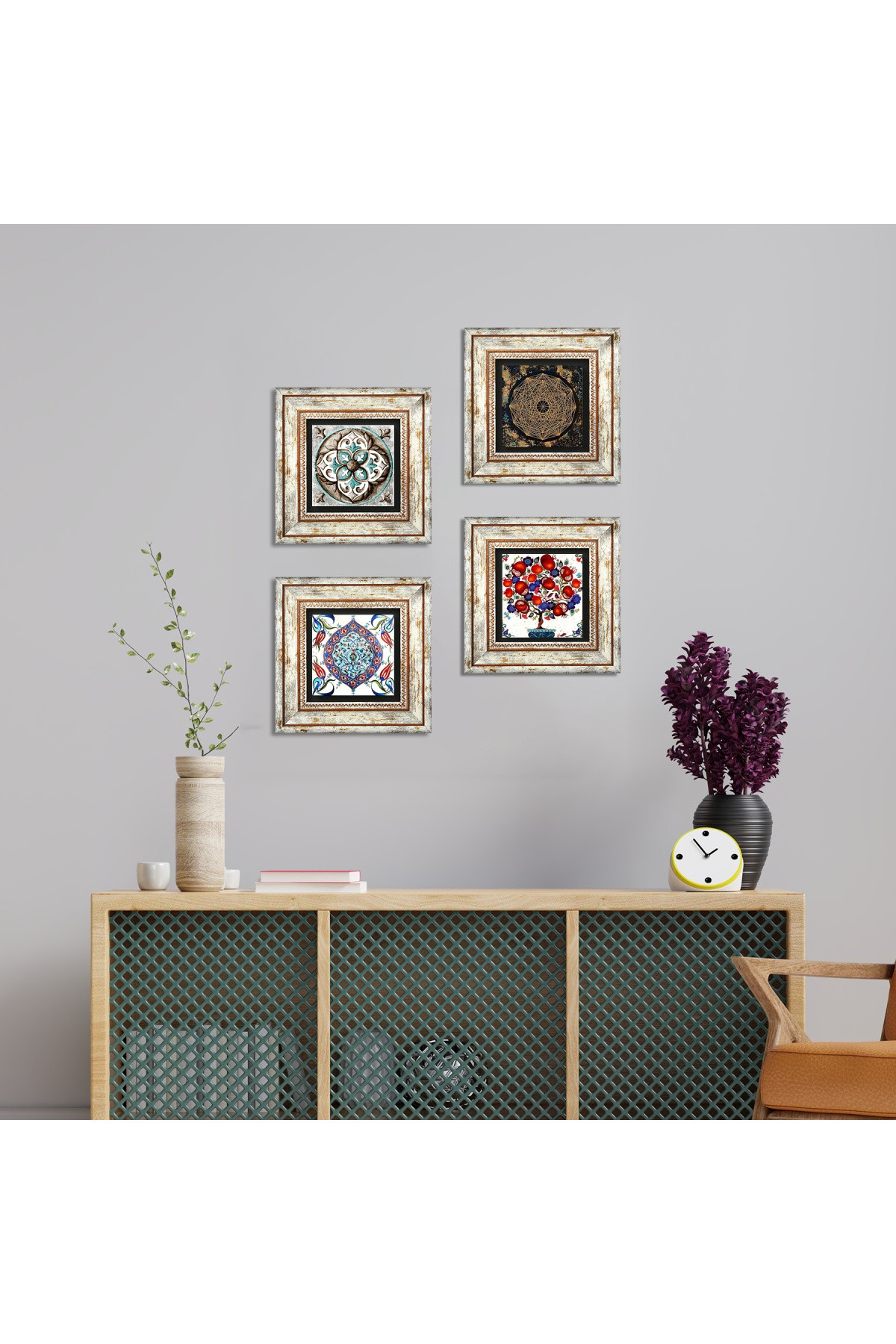 Sri Yantra, Çini Sanatı, Nar Ağacı Taş Duvar Tablosu Çerçeveli Duvar Dekoru 4 Parça Tablo Seti Wall Art