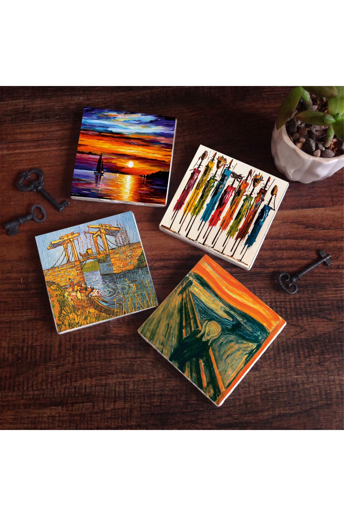 Van Gogh Langlois Bridge in Arles, The Scream, Native Women, Seascape Stone Coasters Desktop Protective Coasters 4 Piece Set 10x10cm Stone Coasters