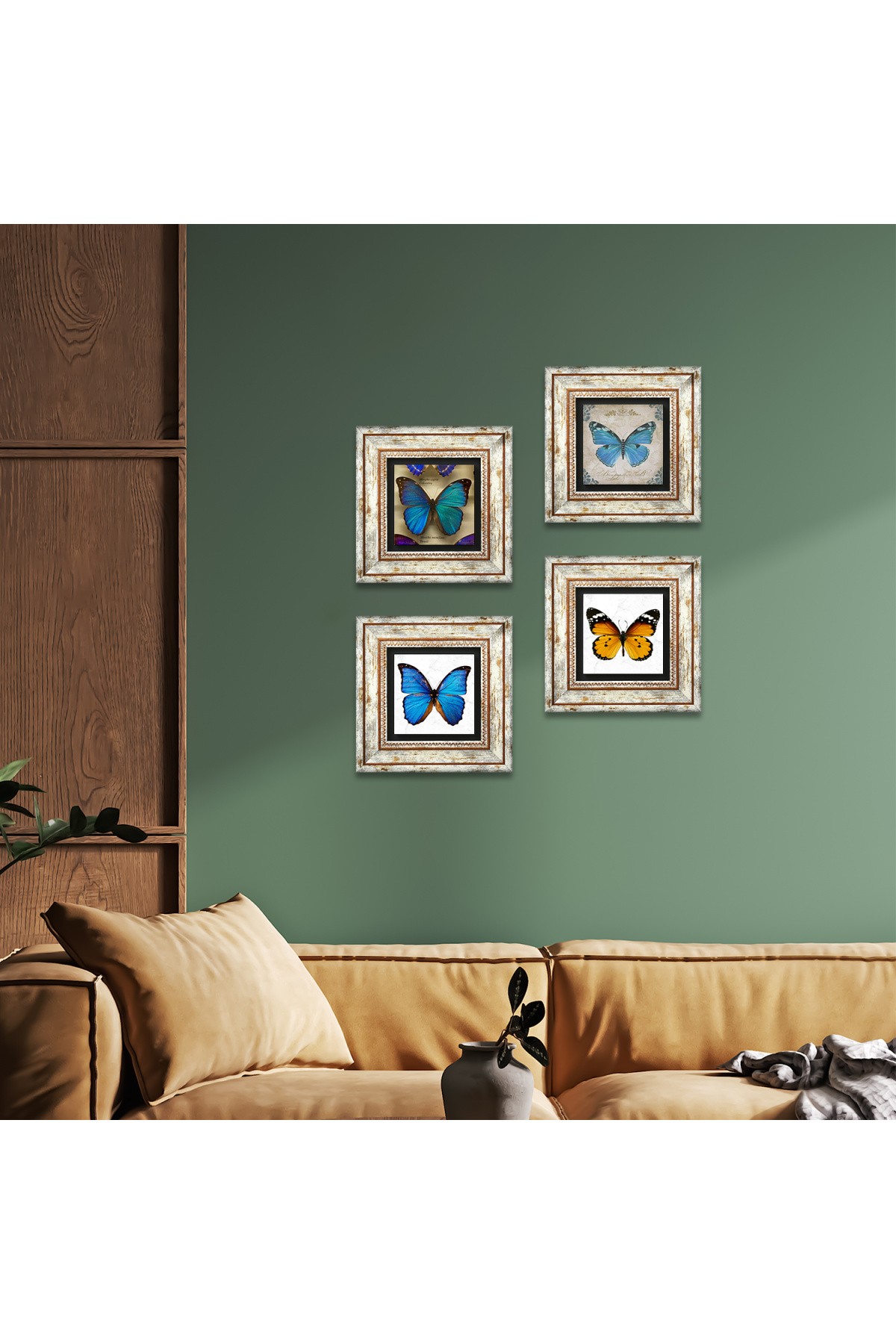 Kelebek Taş Duvar Tablosu Çerçeveli Duvar Dekoru 4 Parça Tablo Seti Wall Art