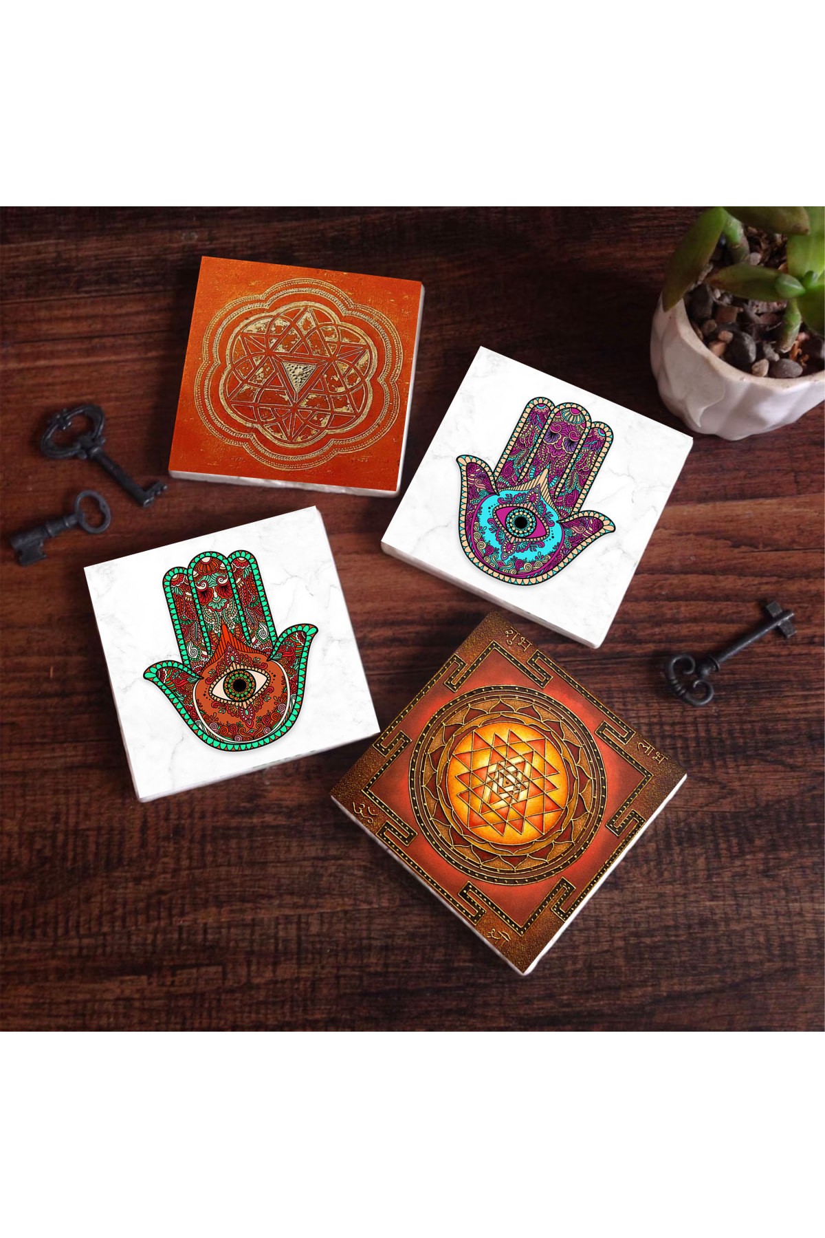 Sri Yantra, Mother of Fatima Hand (Hamsa) Stone Coasters Desktop Protective Coasters 4 Piece Set 10x10cm Stone Coasters