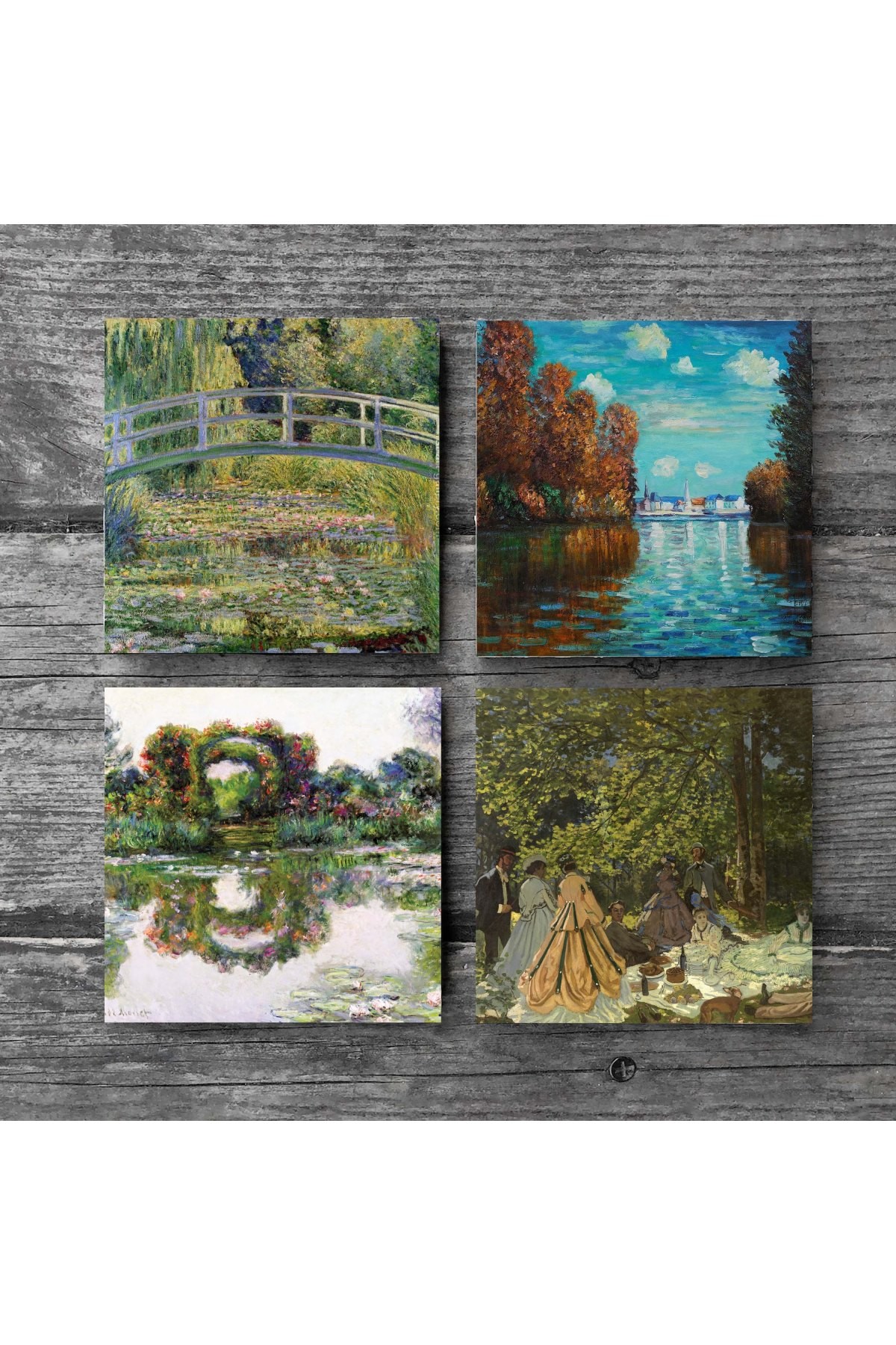 Claude Monet Sonbahar, Gül Çiçekli Kemer, Kırda Öğle Yemeği, Nilüfer Gölü Taş Bardak Altlığı Masaüstü Koruyucu Altlık 4 Parça Set 10x10cm Stone Coasters