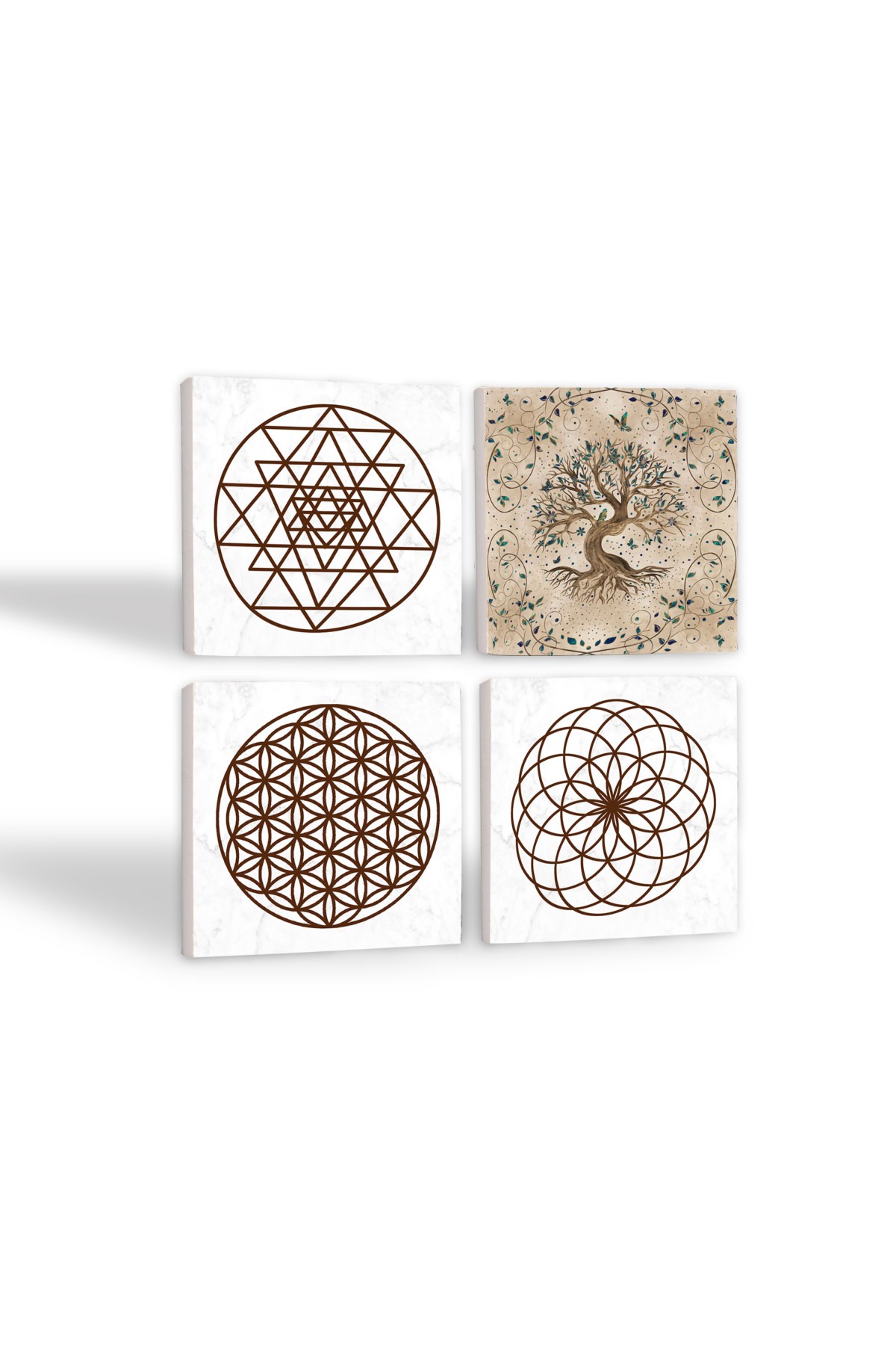 Yaşam Çiçeği, Sri Yantra, Hayat Ağacı Taş Bardak Altlığı Masaüstü Koruyucu Altlık 4 Parça Set 10x10cm Stone Coasters