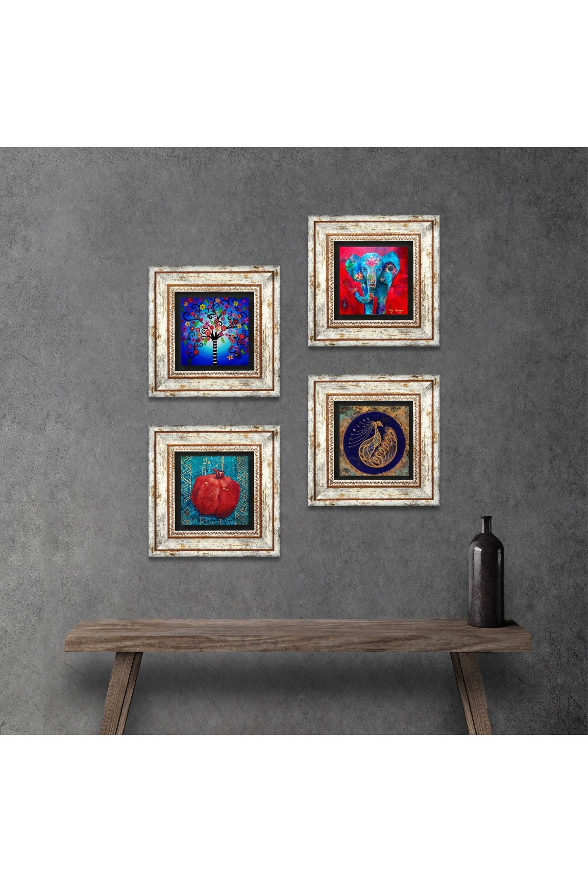 Elephant, Peacock, Tree of Life, Pomegranate Stone Wall Painting Framed Wall Decor 4 Piece Painting Set Wall Art