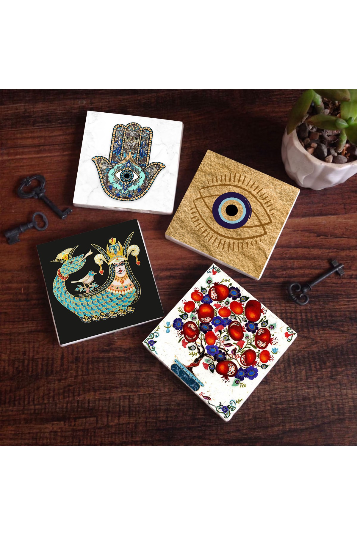 Evil Eye, Shahmaran, Pomegranate Tree, Hand of Mother Fatma (Hamsa) Stone Coasters Desktop Protective Coasters 4 Piece Set 10x10cm Stone Coasters