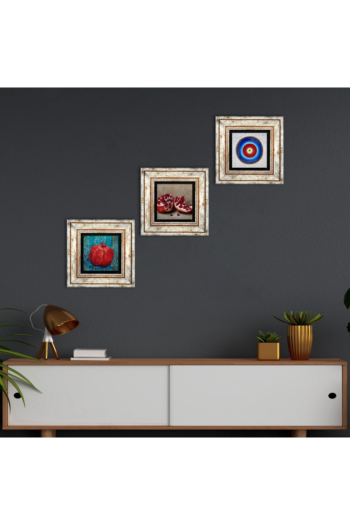 Evil Eye, Pomegranate Stone Wall Painting Framed Wall Decor 3 Piece Painting Set Wall Art