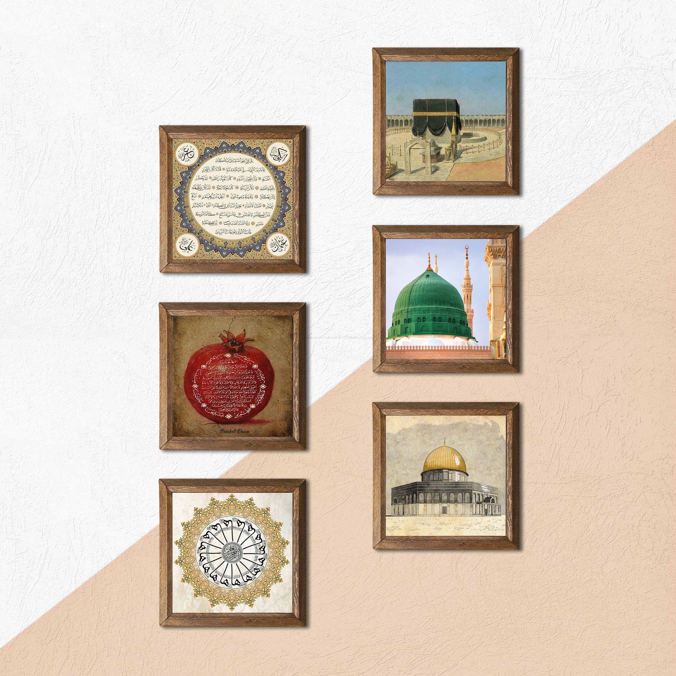 Kaaba-i Muazzama, Masjid al-Aqsa, Ravza-i Mutahhara, Surah Shams, Hilye-i Sharif, Prayer of Blessings Stone Wall Painting Wooden Framed Wall Decoration 6 Piece Painting Set Wall Art