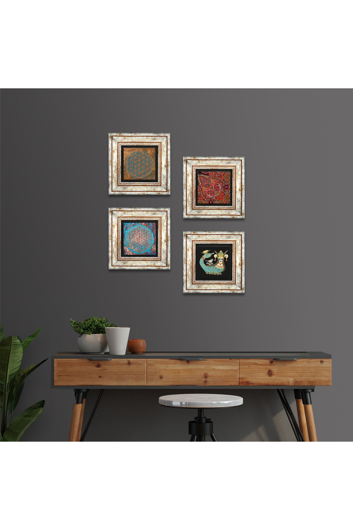 Yaşam Çiçeği, Desen, Şahmeran Taş Duvar Tablosu Çerçeveli Duvar Dekoru 4 Parça Tablo Seti Wall Art