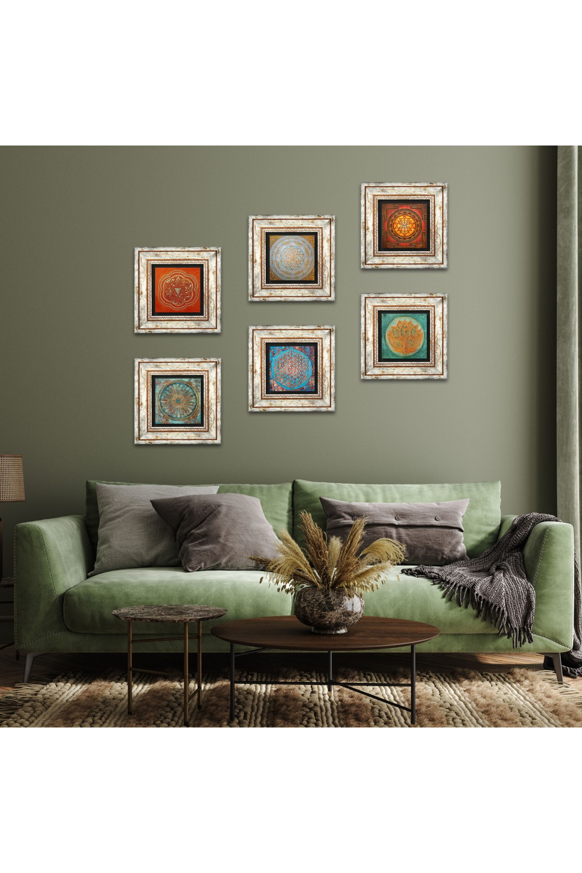 Lotus Çiçeği, Yaşam Çiçeği, Sri Yantra Taş Duvar Tablosu Çerçeveli Duvar Dekoru 6 Parça Tablo Seti Wall Art