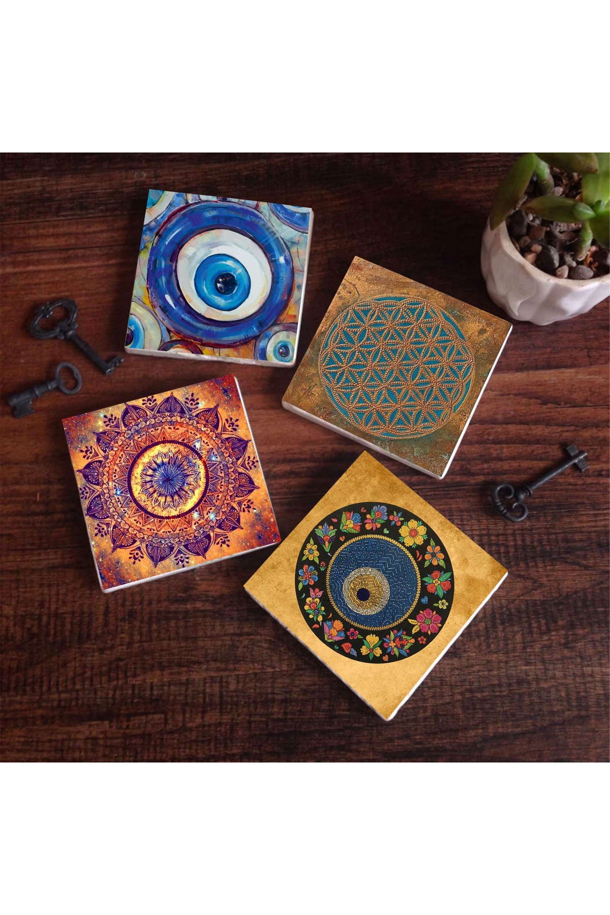 Nazar, Yaşam Çiçeği, Mandala Taş Bardak Altlığı Masaüstü Koruyucu Altlık 4 Parça Set 10x10cm Stone Coasters