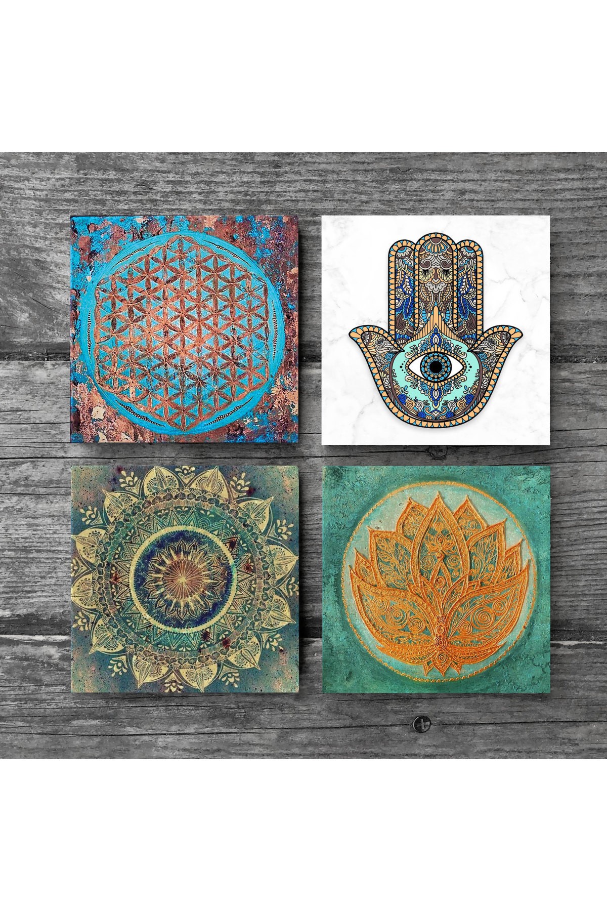 Mandala, Flower of Life, Lotus Flower, Hand of Mother Fatma (Hamsa) Stone Coasters Desktop Protective Coasters 4 Piece Set 10x10cm Stone Coasters