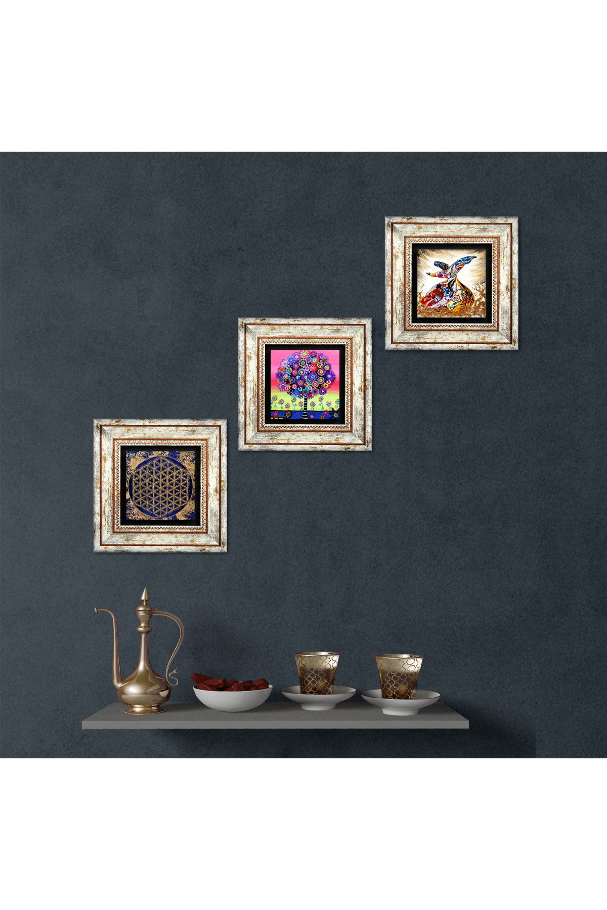 Flower of Life, Karla Gerard Tree of Life, Whirling Dervish Stone Wall Painting Framed Wall Decor 3 Piece Painting Set Wall Art