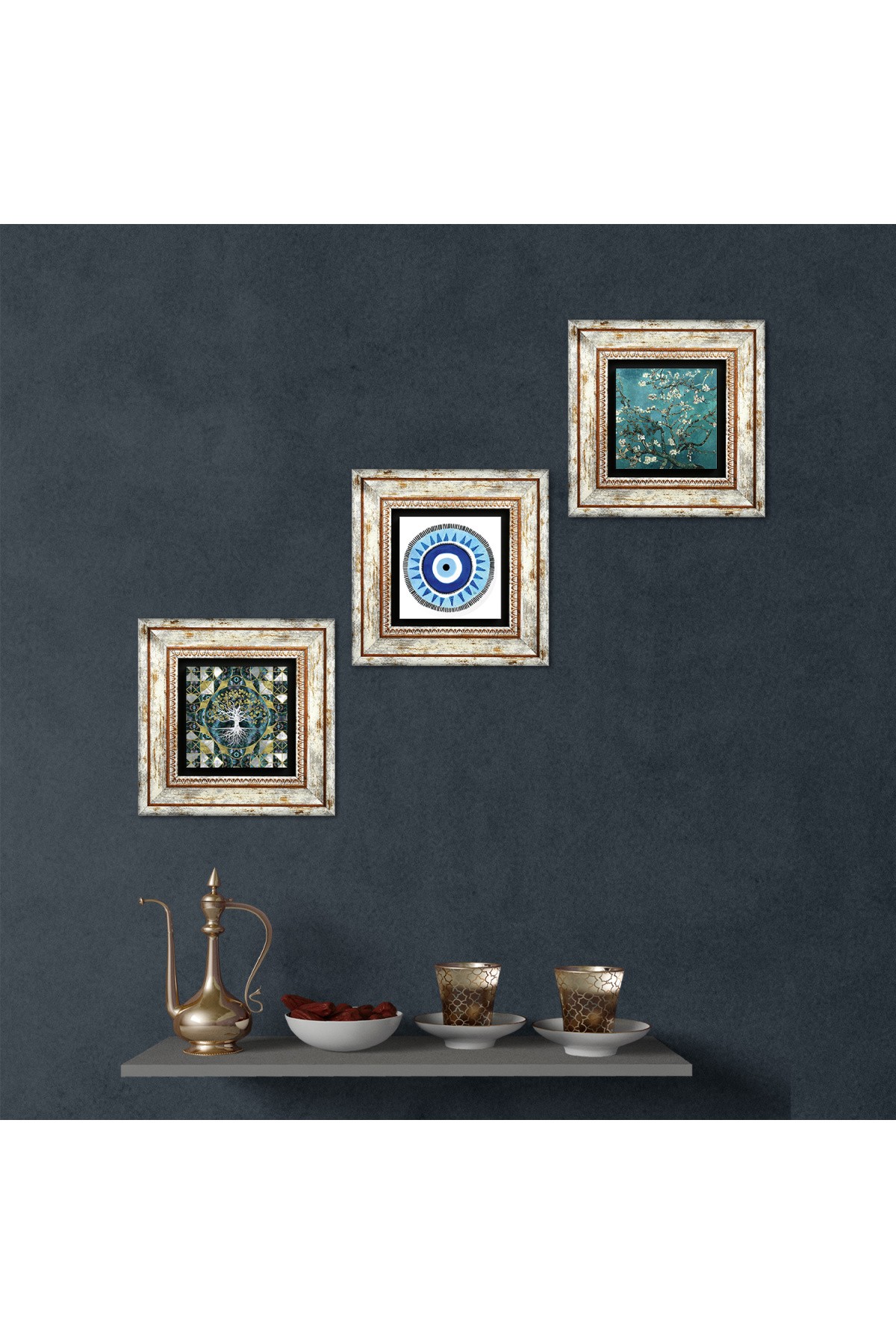 Nazar, Hayat Ağacı, Van Gogh Badem Ağacı Taş Duvar Tablosu Çerçeveli Duvar Dekoru 3 Parça Tablo Seti Wall Art