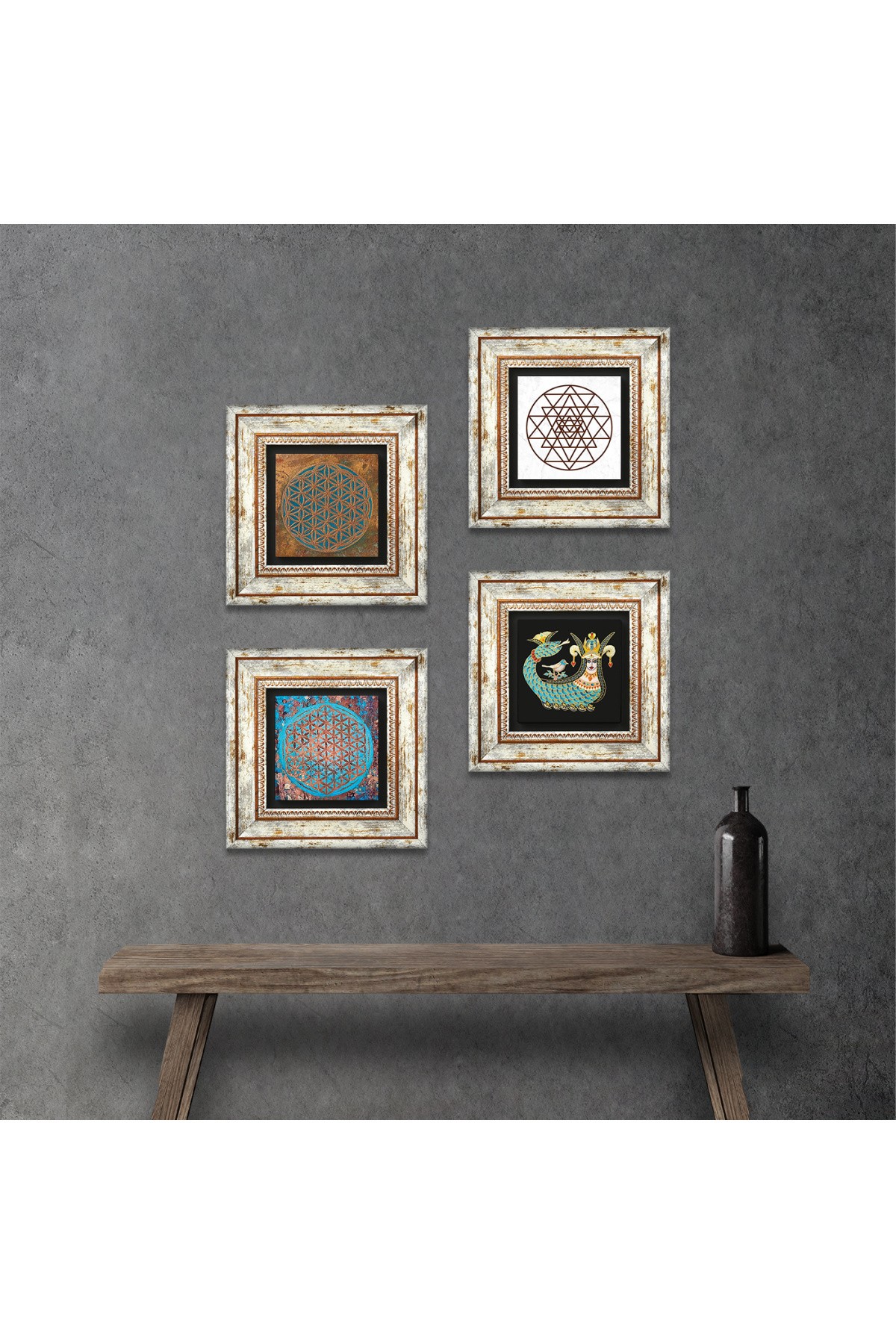 Yaşam Çiçeği, Sri Yantra, Şahmeran Taş Duvar Tablosu Çerçeveli Duvar Dekoru 4 Parça Tablo Seti Wall Art