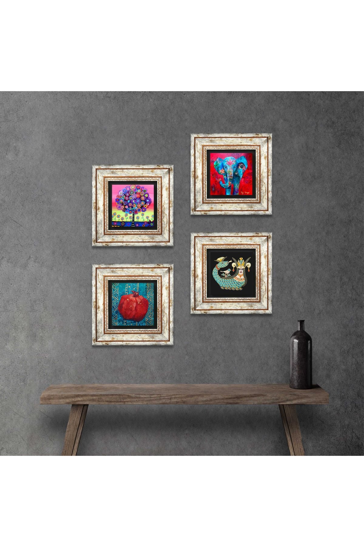 Elephant, Tree of Life, Shahmaran, Pomegranate Stone Wall Painting Framed Wall Decor 4 Piece Painting Set Wall Art