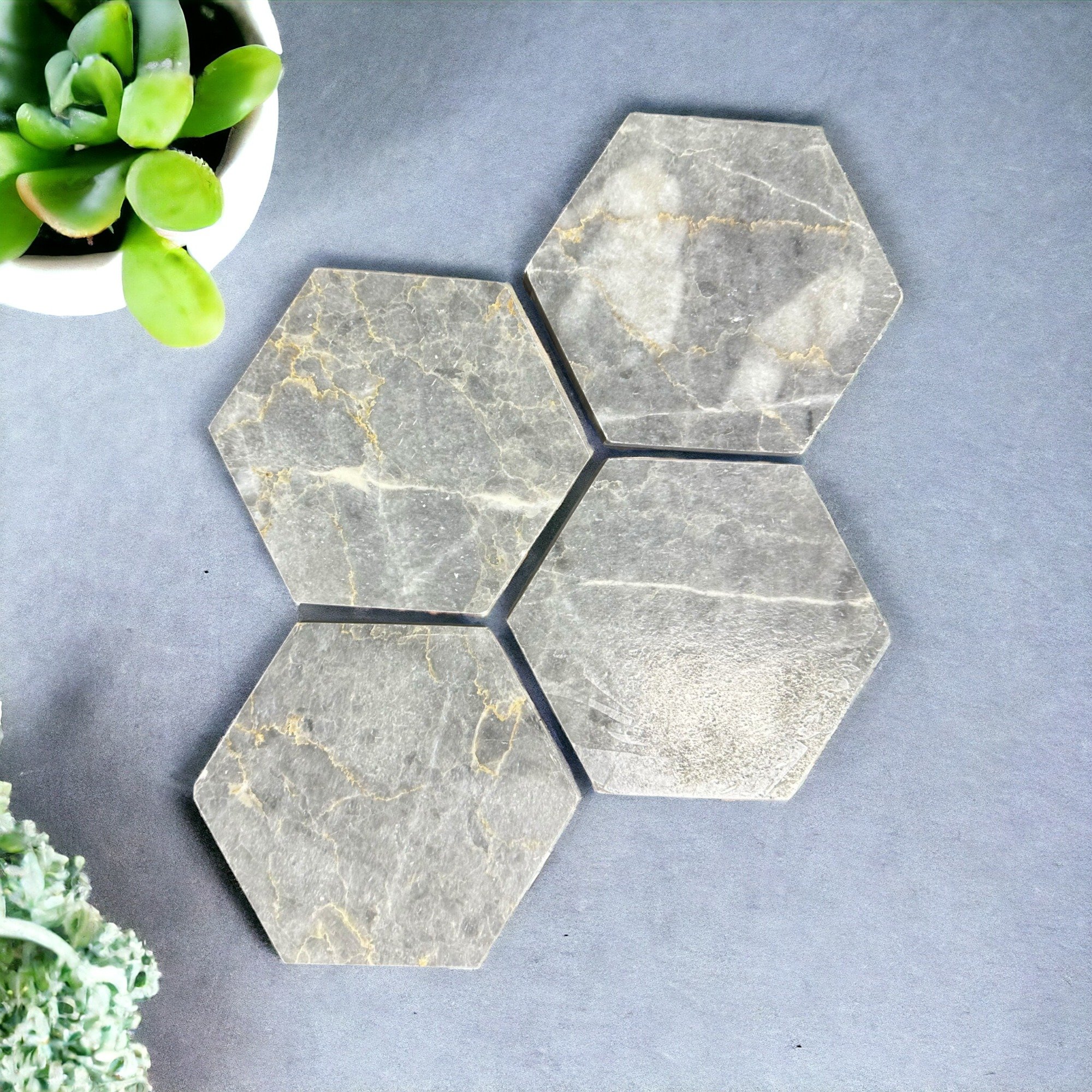 Altıgen Taş Bardak Altlığı Masaüstü Koruyucu Altlık 4 Parça Set Stone Coasters