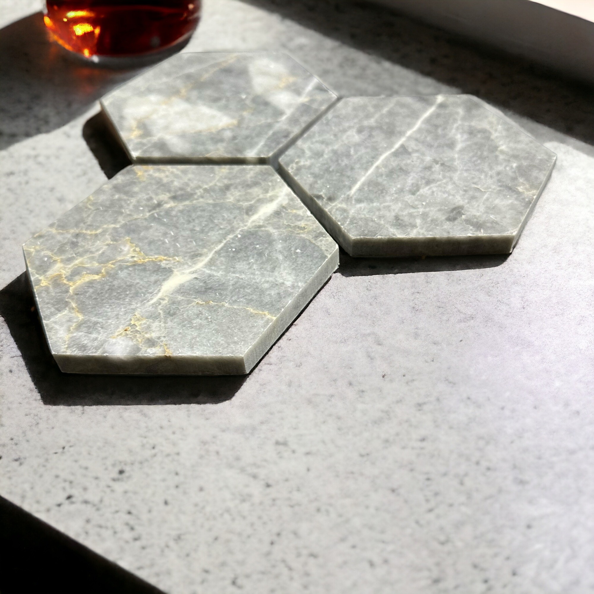 Altıgen Taş Bardak Altlığı Masaüstü Koruyucu Altlık 4 Parça Set Stone Coasters